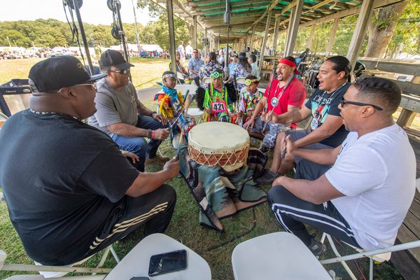 The Youngblood Singers of the Shinnecock Nation kicked off the official proceedings with a song during the 2019 Shinnecock Powwow on Sunday.