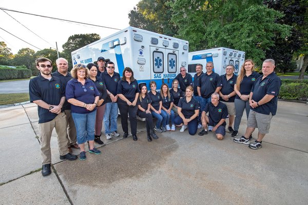 A majority of the members of the Sag Harbor Village Ambulance Association, photographed at their headquarters.  MICHAEL HELLER