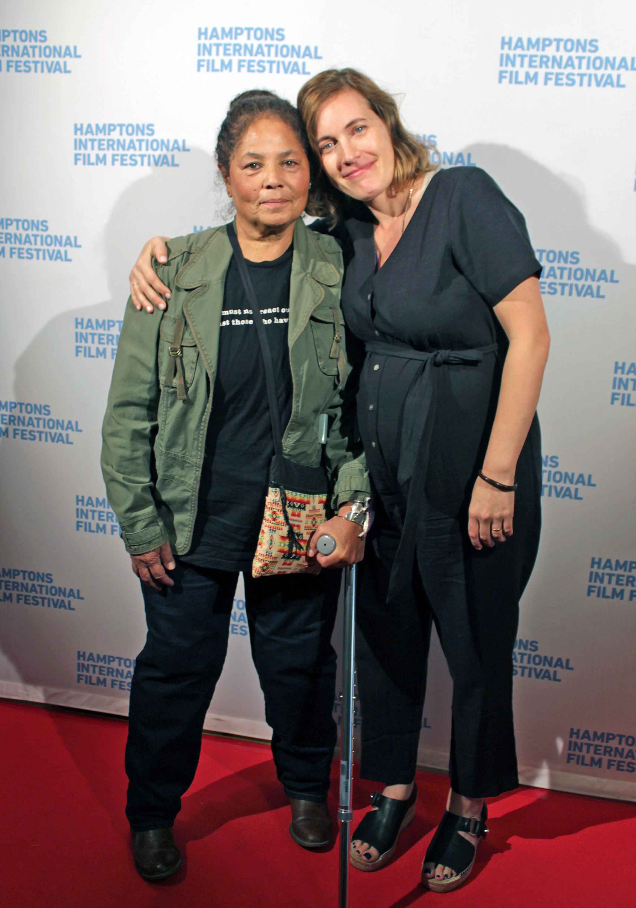 Shinnecock activist Rebecca Hill-Genia and filmmaker Treva Wurmfeld on the red carpet at a HIFF screening of Wurmfeld's documentary 