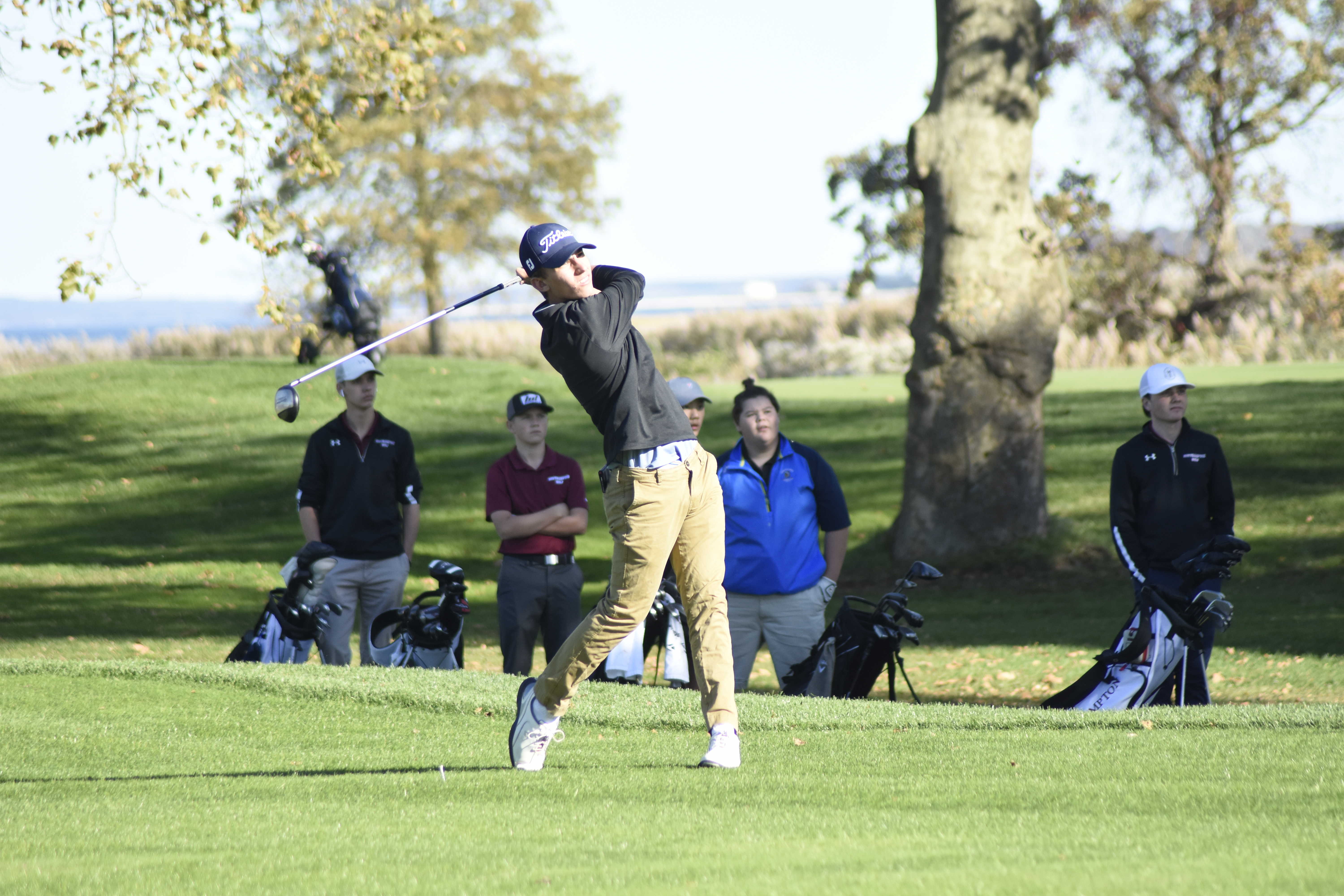 Matthew Meyer of Westhampton Beach tees off at the 10th hole at Indian Island Golf Club in Riverhead at the start of the quarterfinal match between the Mariners and Hurricanes on Thursday, Ocotber 24.