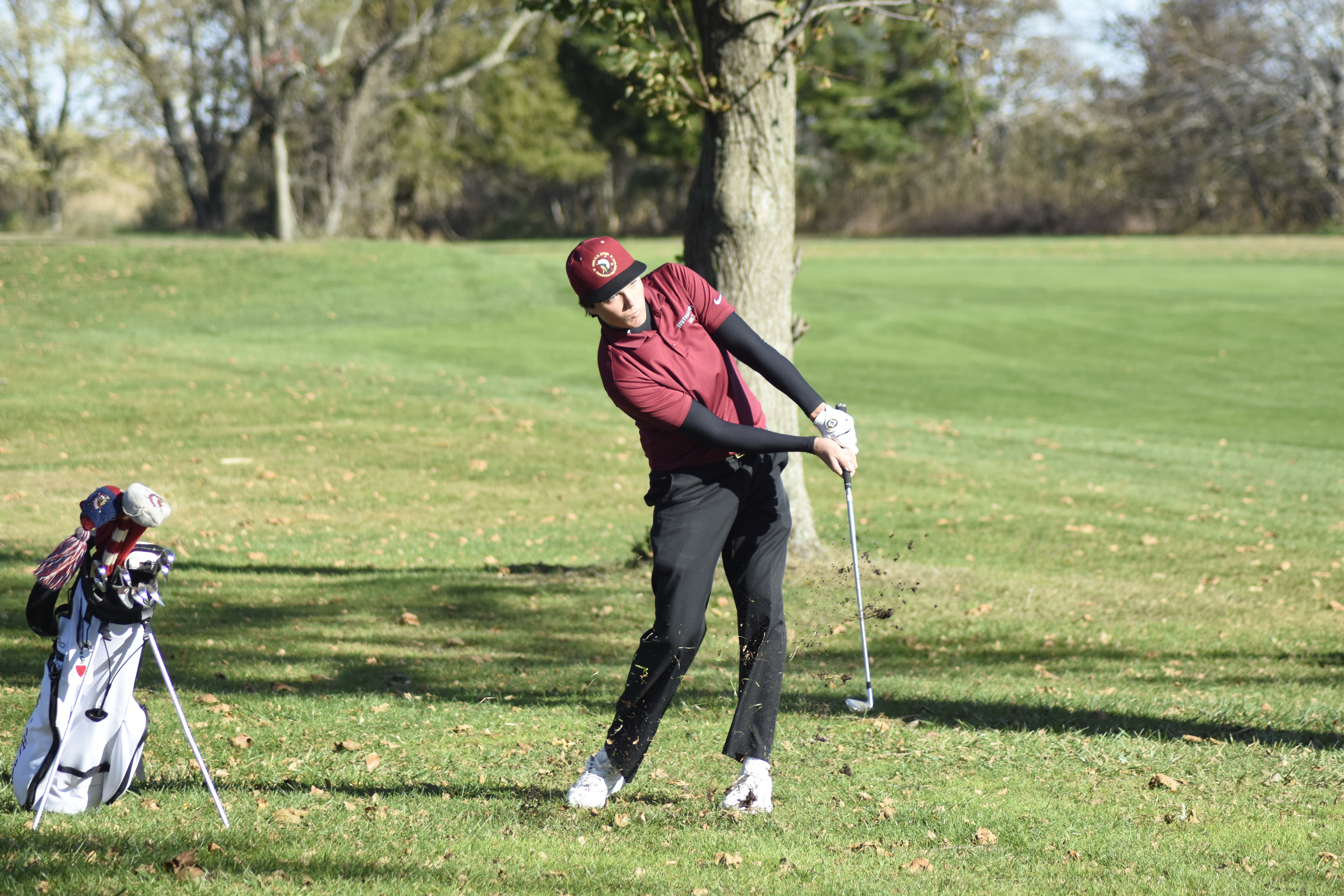 Southampton's Jack Blackmore tees off at the 10th hole at Indian Island Golf Club in Riverhead at the start of the quarterfinal match between the Mariners and Hurricanes on Thursday, Ocotber 24.
