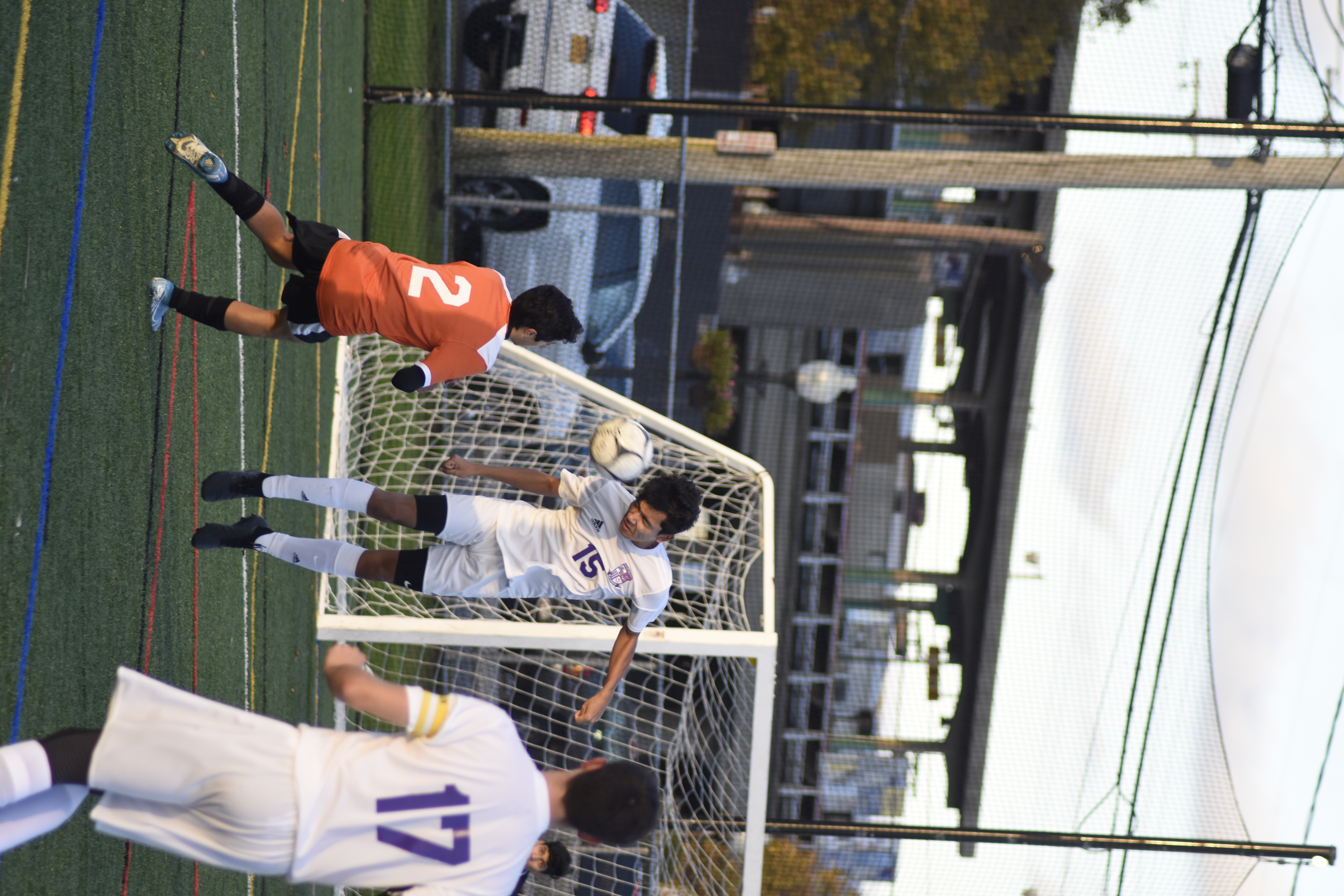 Sophomore James Salas clears the ball out of the Baymen's defensive end.