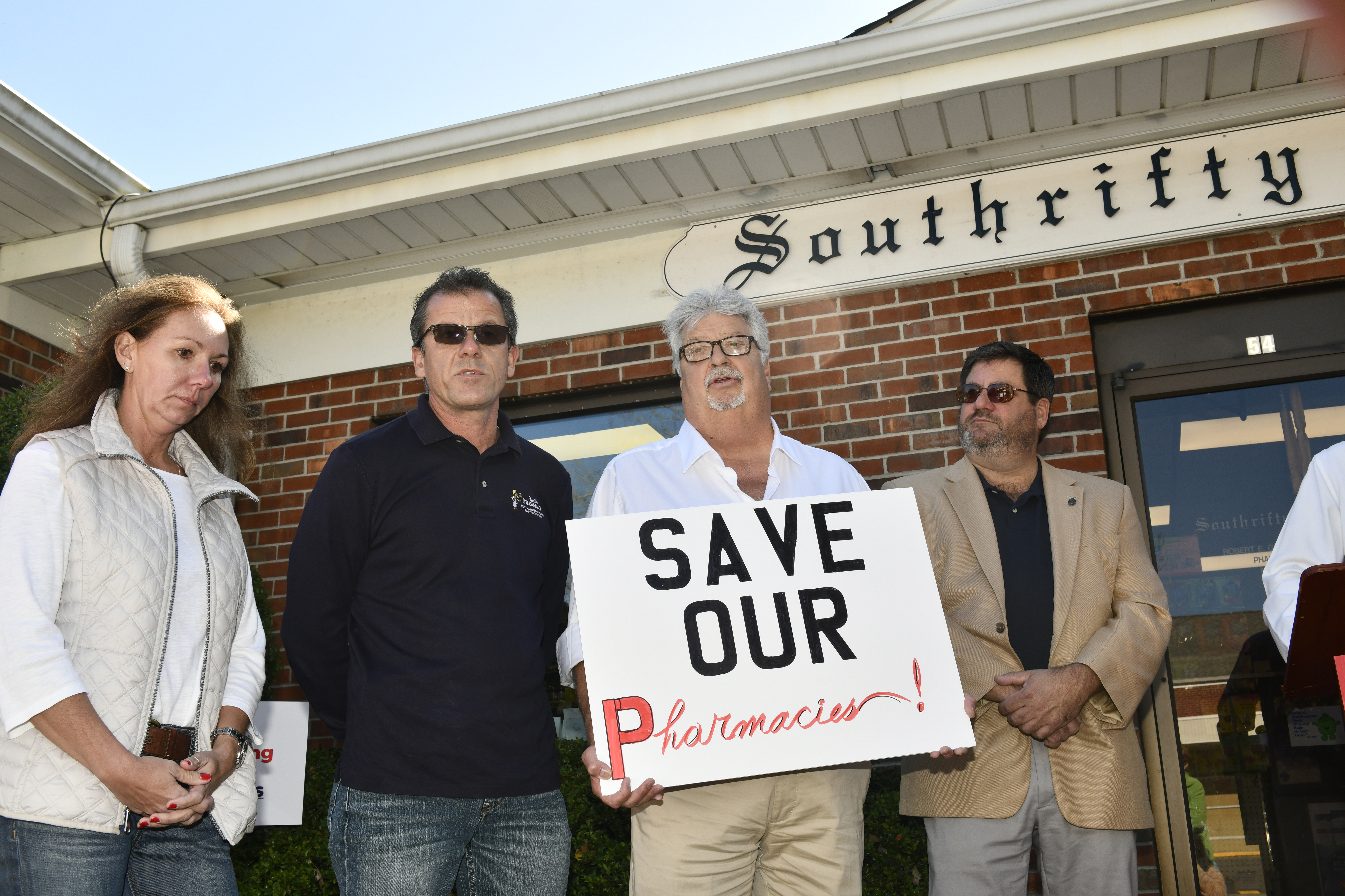 Sag Harbor Pharmacy owner Janice D'Angelo, Lou Cassara, pharmacist and owner of Barths Pharmacy, Gregg Torns of Park Place Chemist in East Hampton and Southampton Village Trustee Richard Yastrzemski at a rally against PBMs at Southrifty Drugs in Southampton Village on Wednesday, October 23. DANA SHAW