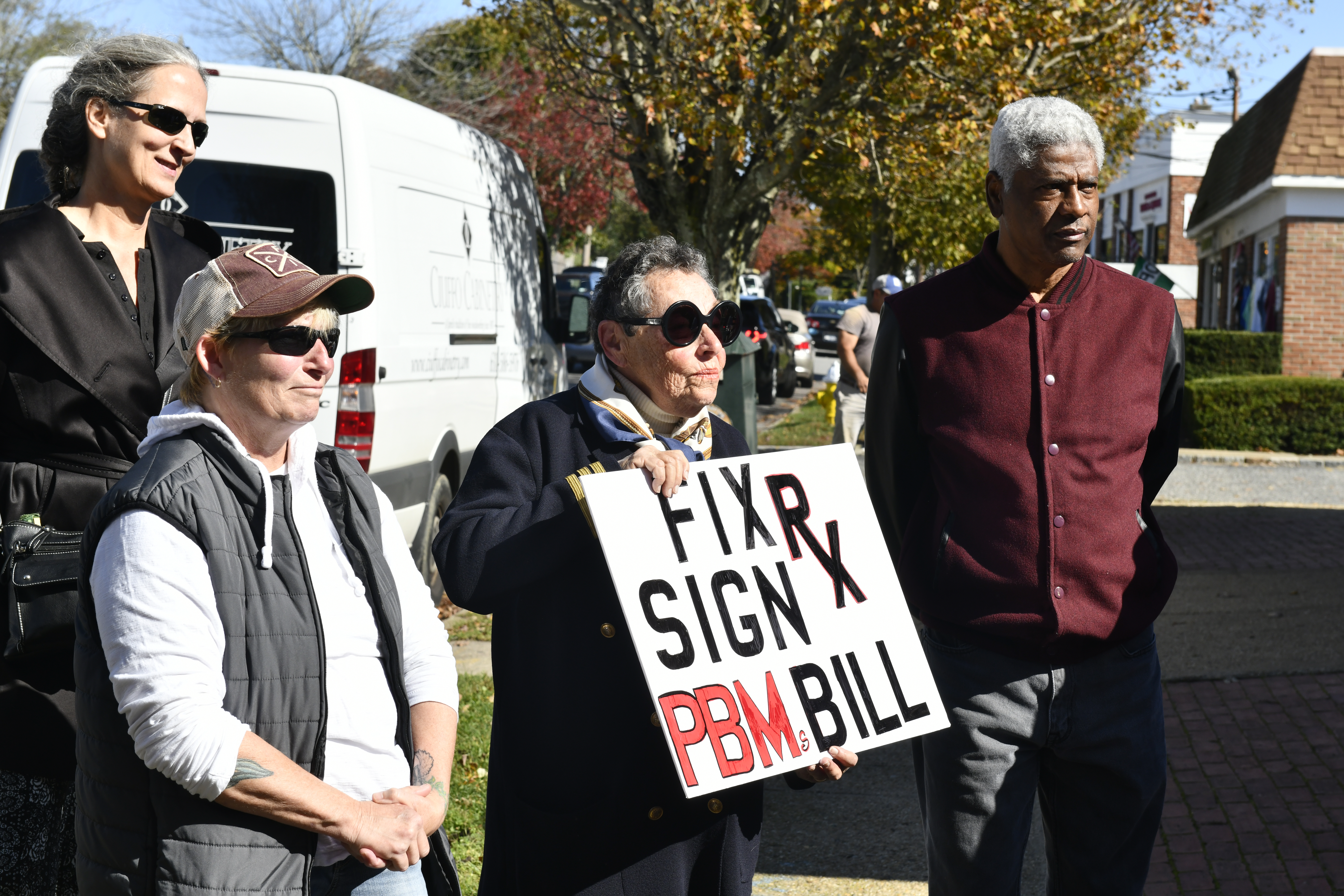 Water Mill resident and Southrifty Drug customer Judith Sherman at the rally against PBMs at Southrifty Drugs in Southampton Village on Wednesday, October 23. DANA SHAW