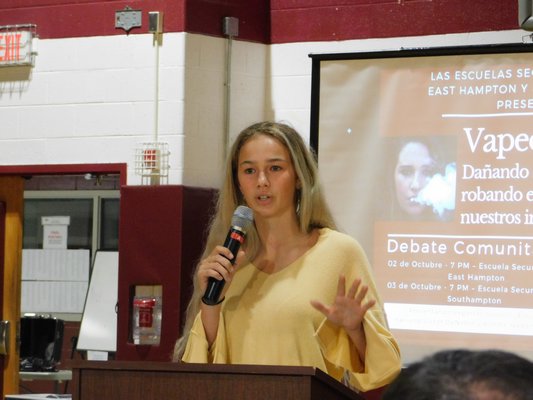 Zoe Rae Leach, an East Hampton High School senior, who spoke at the vaping forum about the dangers of e-cigarettes and other vaping products. ELIZABETH VESPE