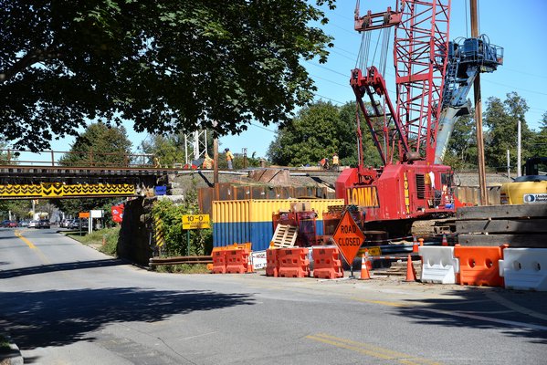 Train trestle work will periodically close North Main Street and Accabonac Road in East Hampton Village until November 8.   KYRIL BROMLEY