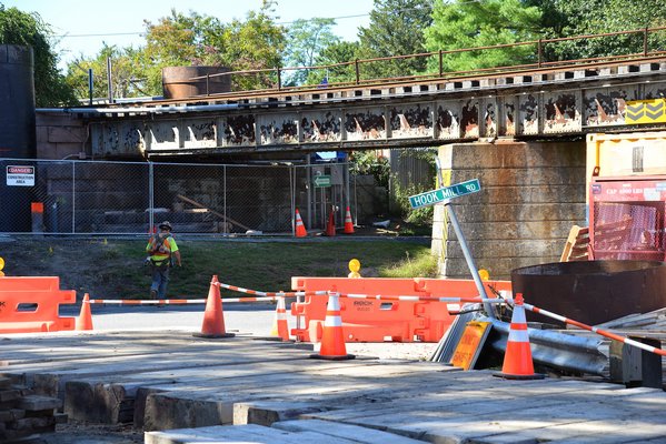 Train trestle work will periodically close North Main Street and Accabonac Road in East Hampton Village until November 8.   KYRIL BROMLEY