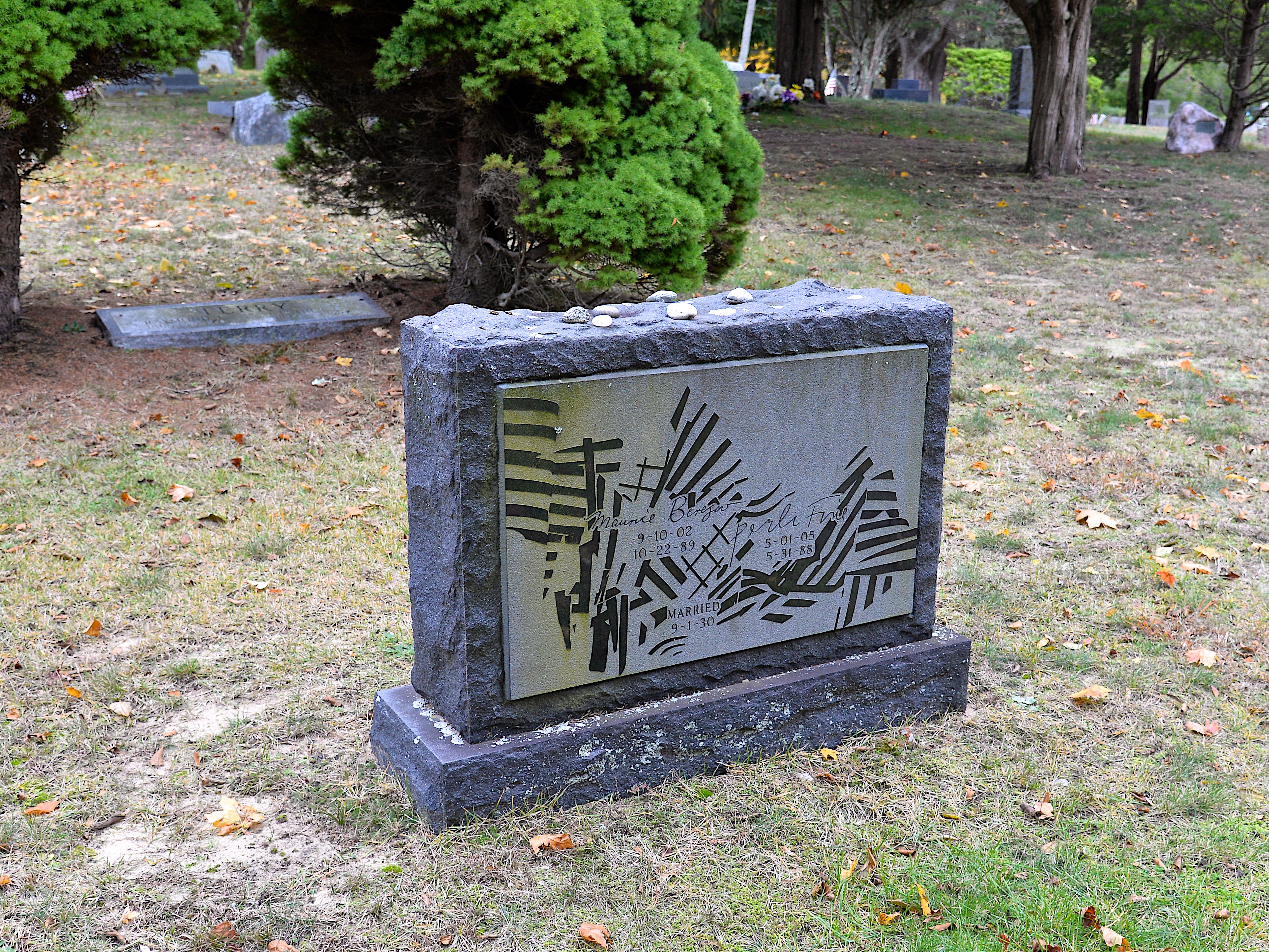 Perle Fine and Maurice Berezov's headstone. Ms. Fine was an abstract expressionist and Hans Hoffman School alumna who participated in many of the movement's important exhibitions. Their home and  studio were on Red Dirt Road.  KYRIL BROMLEY