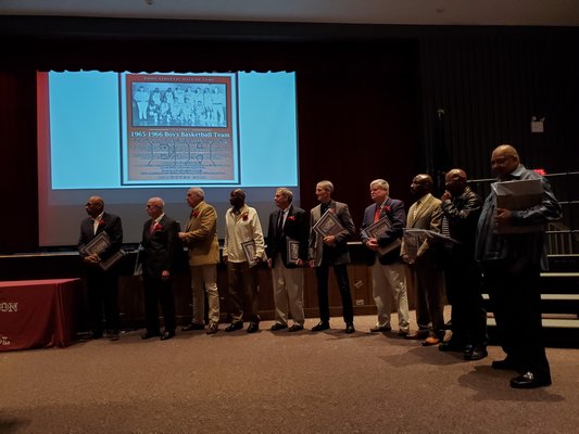 The 1965-1966 boys basektball team that was inducted into the East Hampton Athletic Hall of Fame on Saturday morning.