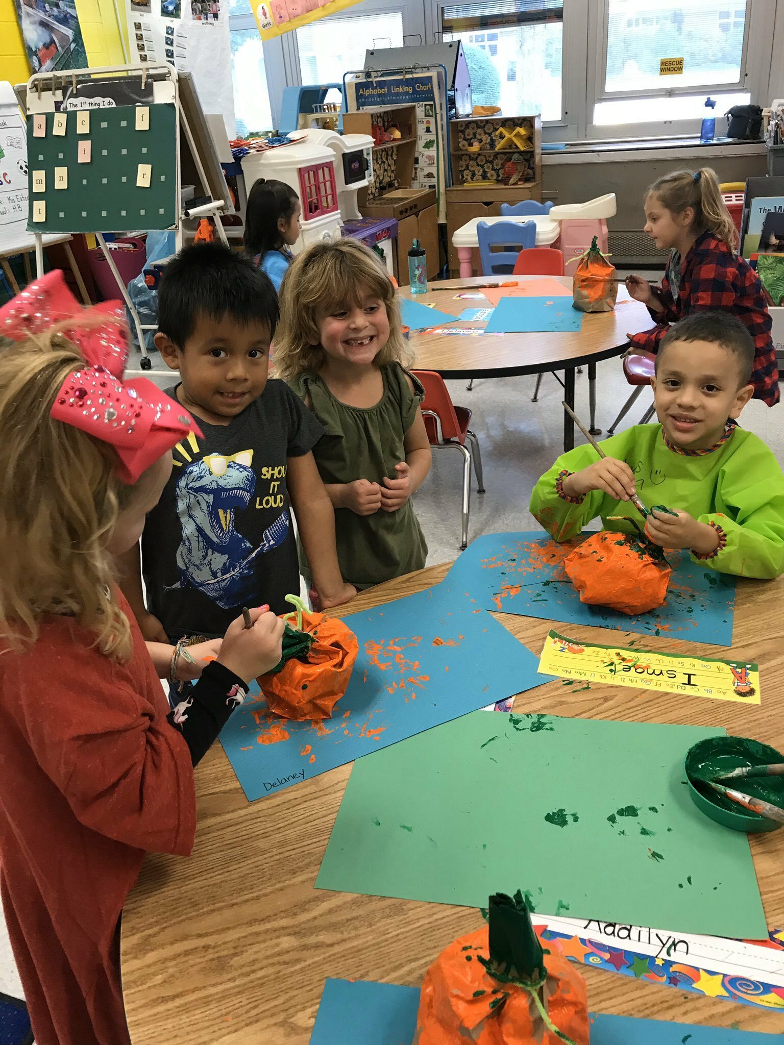 The kindergartners in June Eaton’s class at Hampton Bays Elementary School have been exploring the life cycle of pumpkins. Along with watching videos, reading books and creating posters on the topic, they created 3D pumpkin models using paper bags, orange paint and pipe cleaners. Their lesson culminated with a trip to Hank’s Pumpkintown on October 18.
