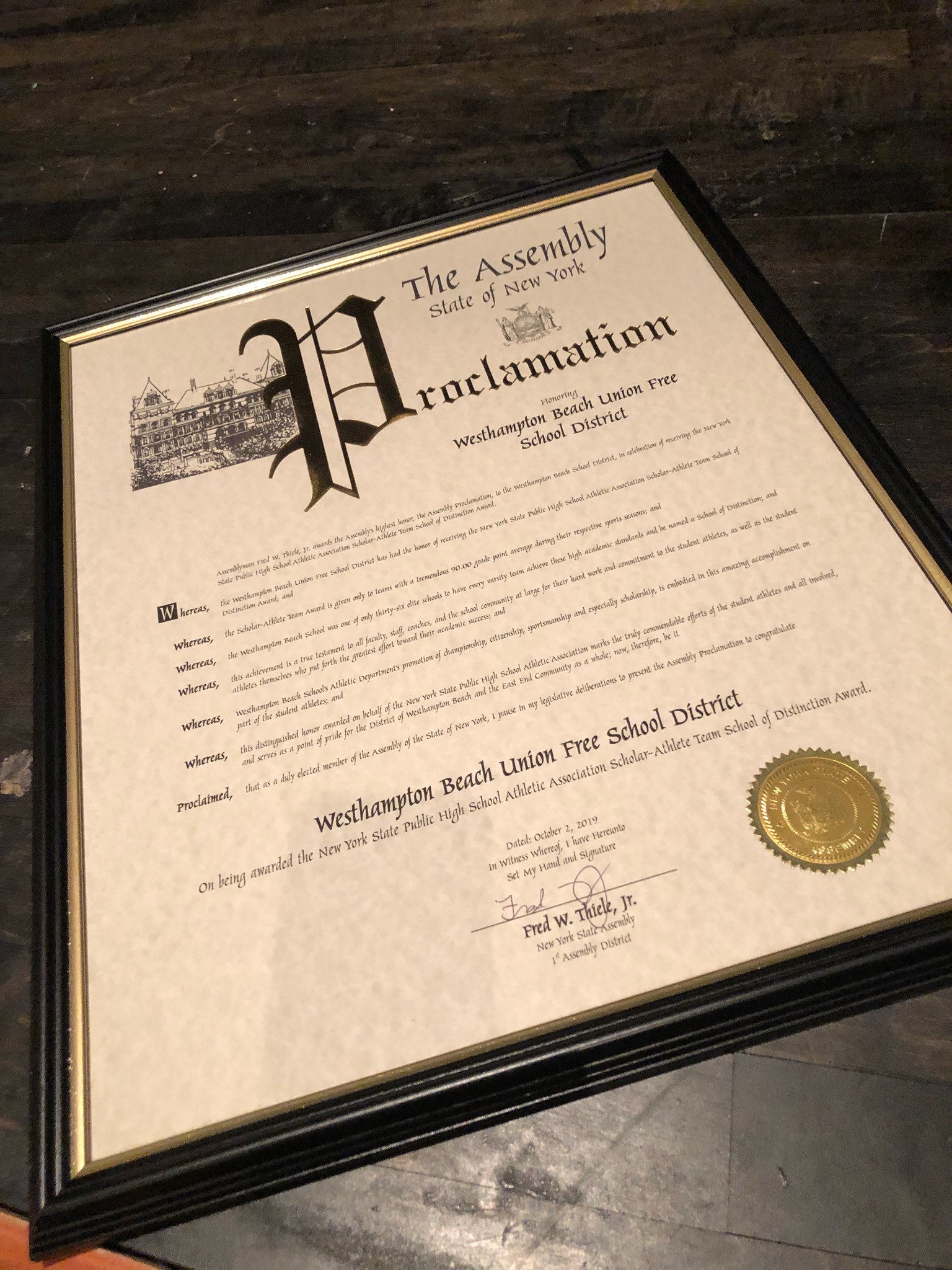 Proclamation signed by State Assemblyman Fred Thiele.