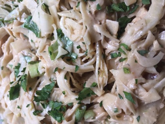 Shaved fennel salad with peanut sauce.