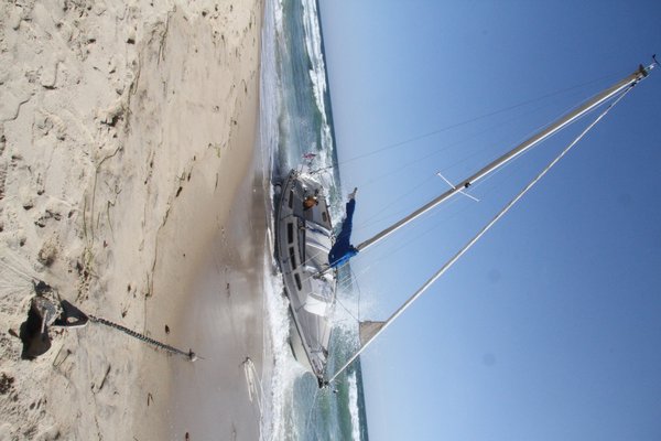 The sailboat Vanna White was pulled off the beach in Montauk on Thursday afternoon.