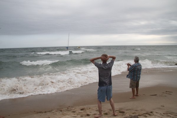 The sailboat Vanna White was pulled off the beach in Montauk on Thursday afternoon.
