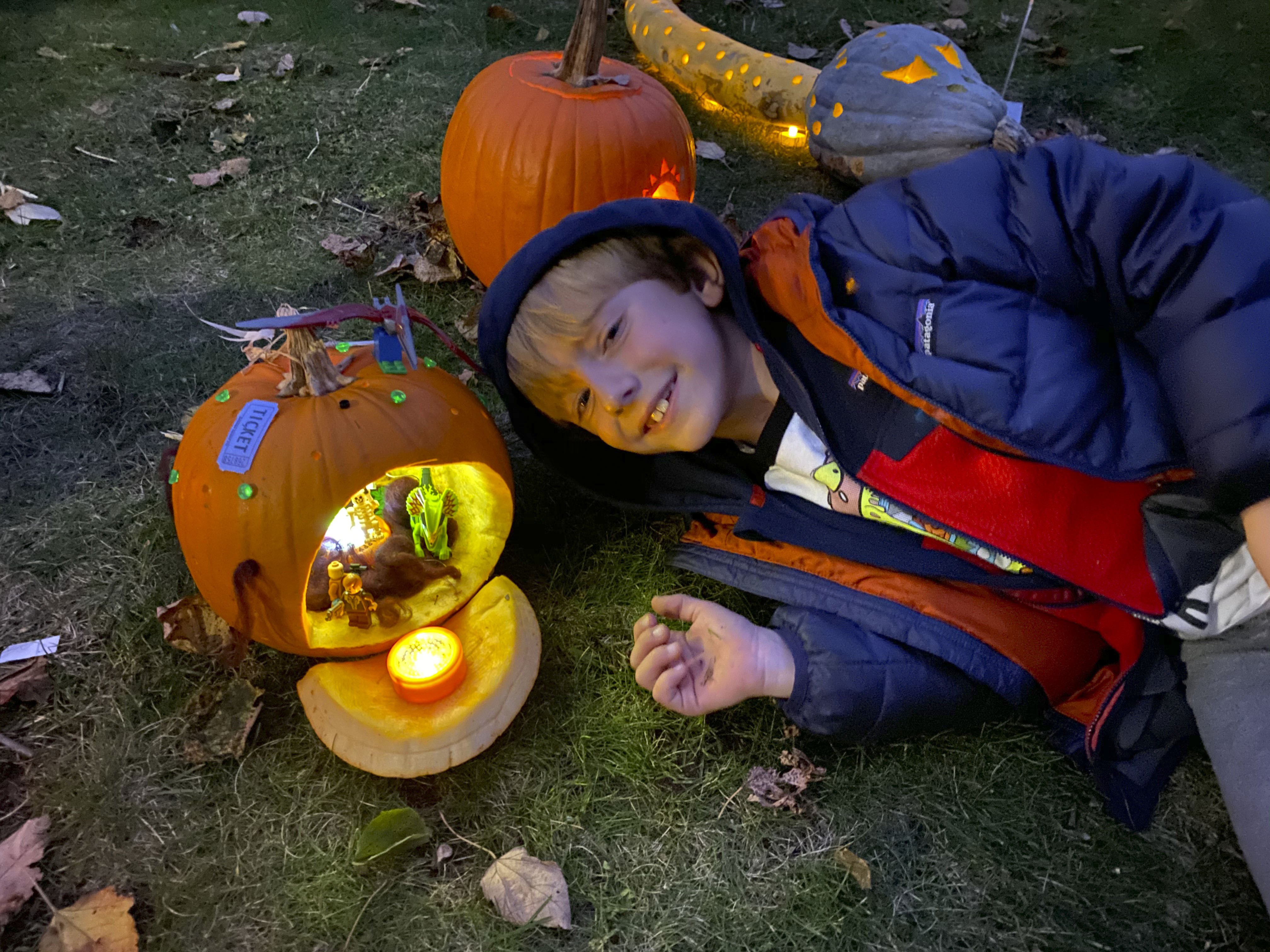 Waylon Mattson with the pumpkin he created for the Bridgehampton Lions Club Carving contest.