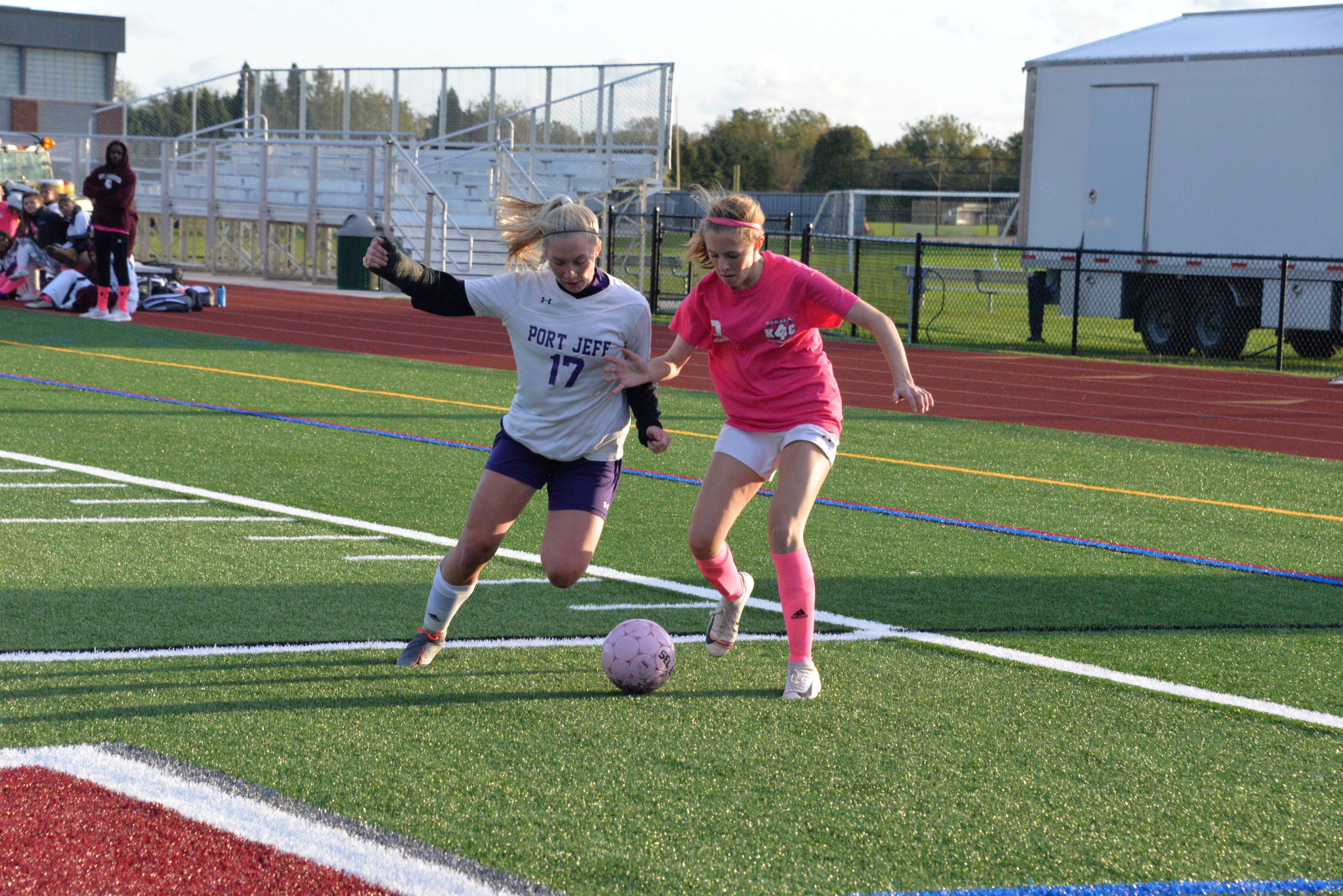 Southampton's Taylor Zukosky and a Port Jeff player battle for the ball. Zukosky scored a goal in the Lady Mariner's victory last week.