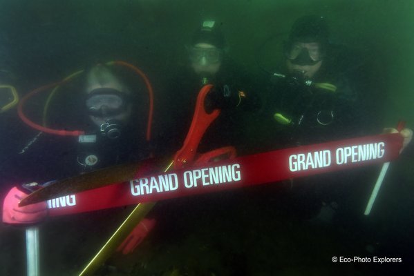 Southampton Town and the Long Island Divers Association held an underwater ribbon cutting at Ponquogue Piers in Hampton Bays on Sunday, September 29. According to the Long Island Divers Association this was the first underwater ribbon cutting on Long Island. Renovation of the Ponquogue Piers, the old Ponquogue Bridge, was recently completed. It was badly damaged during Super Storm Sandy in 2012. An above water ribbon cutting will be held at the South Pier on Friday, October 11th.   ECO-PHOTO EXPLORERS