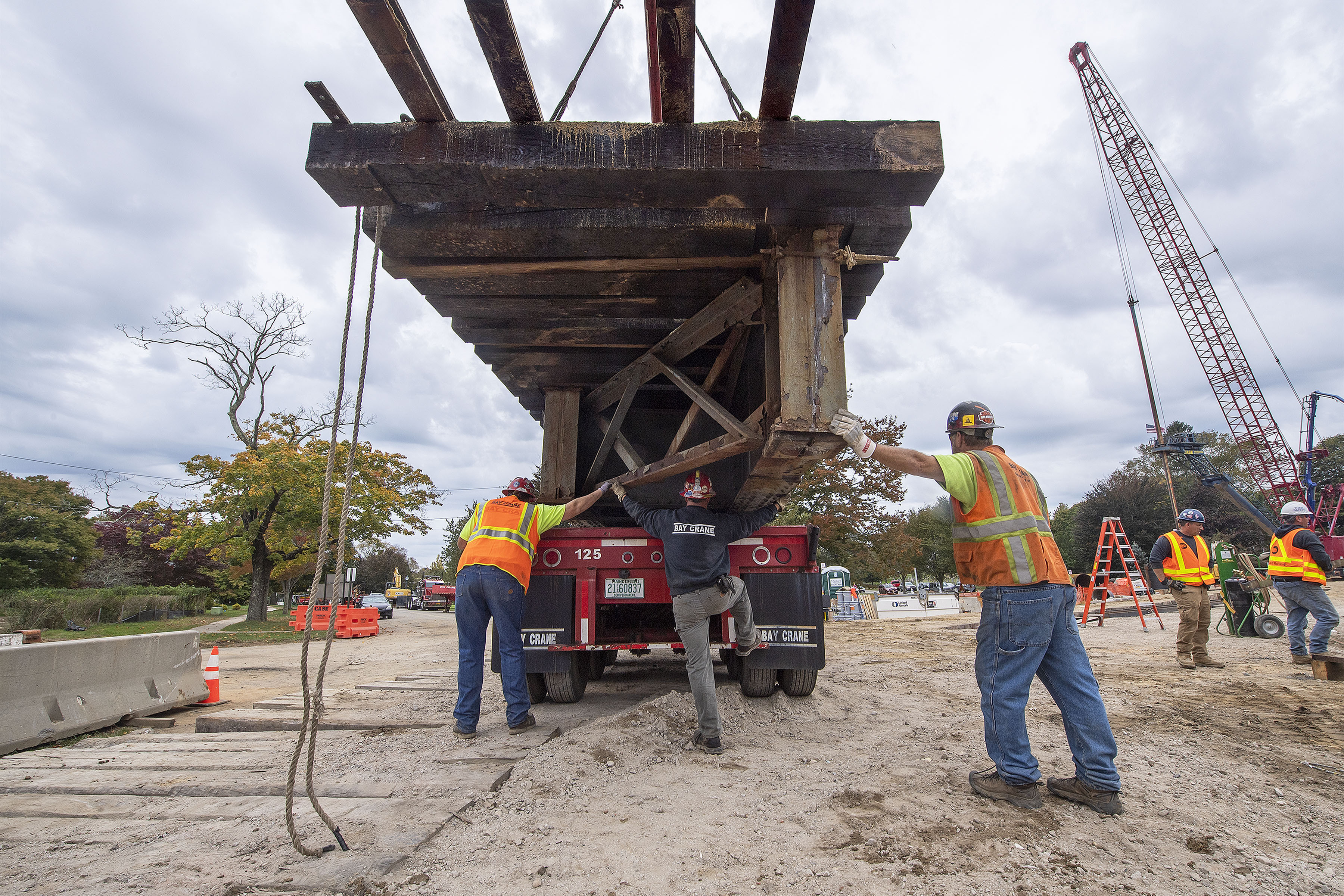 The old Accabonac Road bridge was removed on Wednesday in preparation for the replacement. MICHAEL HELLER