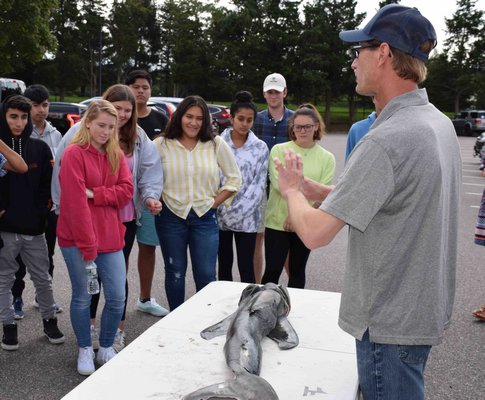 Southampton High School marine science teacher Gregory Metzger launched a detailed discussion with students on the great white shark using a deceased specimen recently found on the shores of Fire Island.