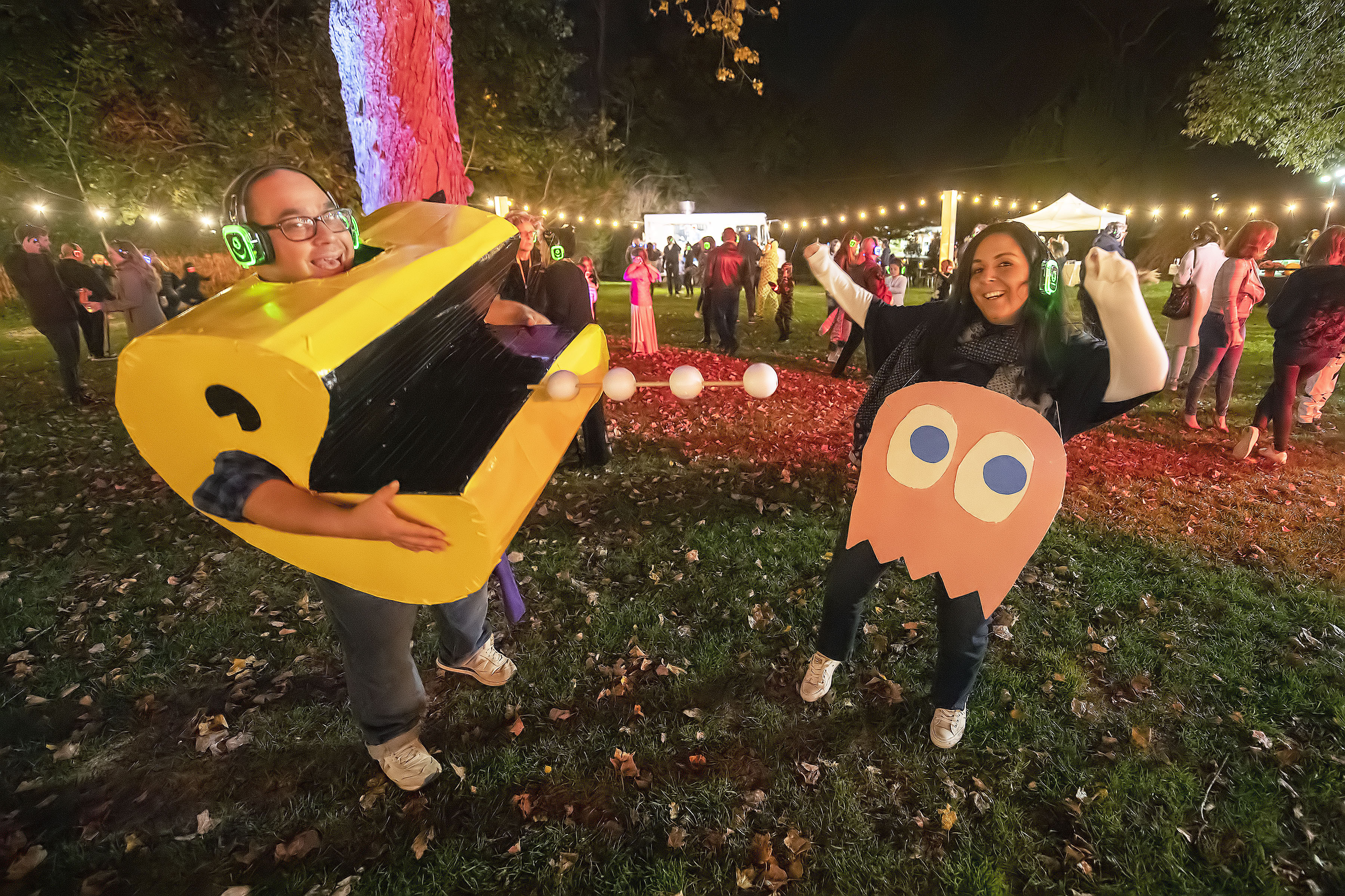 Andrew and Charlotte DeLeo gobble up the dance floor with Pac Man outfits during the Halloween Silent Disco Party sponsored by the Southampton Arts Center on Saturday night.  MICHAEL HELLER