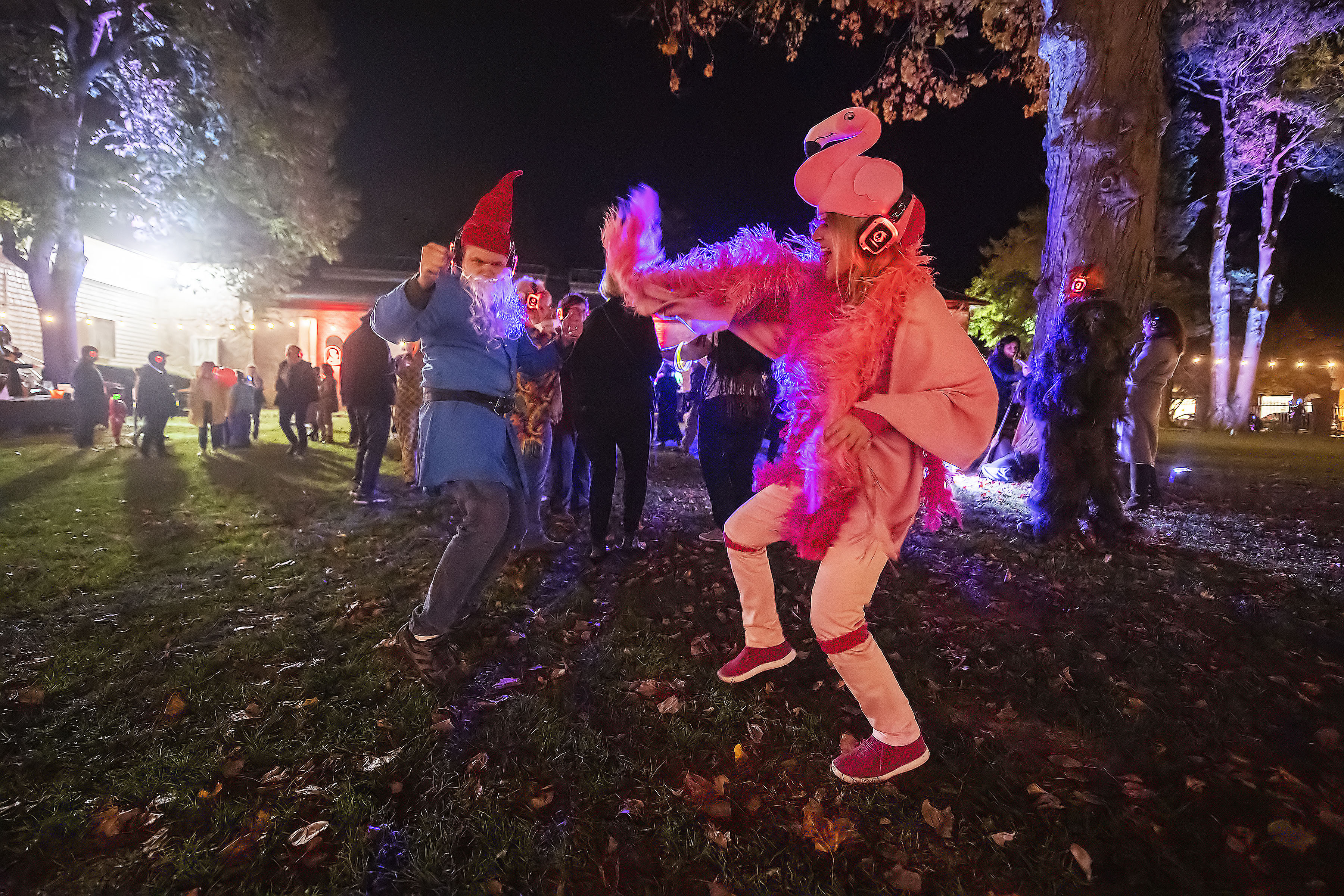 Flamingo Cindy Lenkiewicz and Gnome David Polek cut the rug during the Halloween Silent Disco Party sponsored by the Southampton Arts Center on Saturday night.  MICHAEL HELLER
