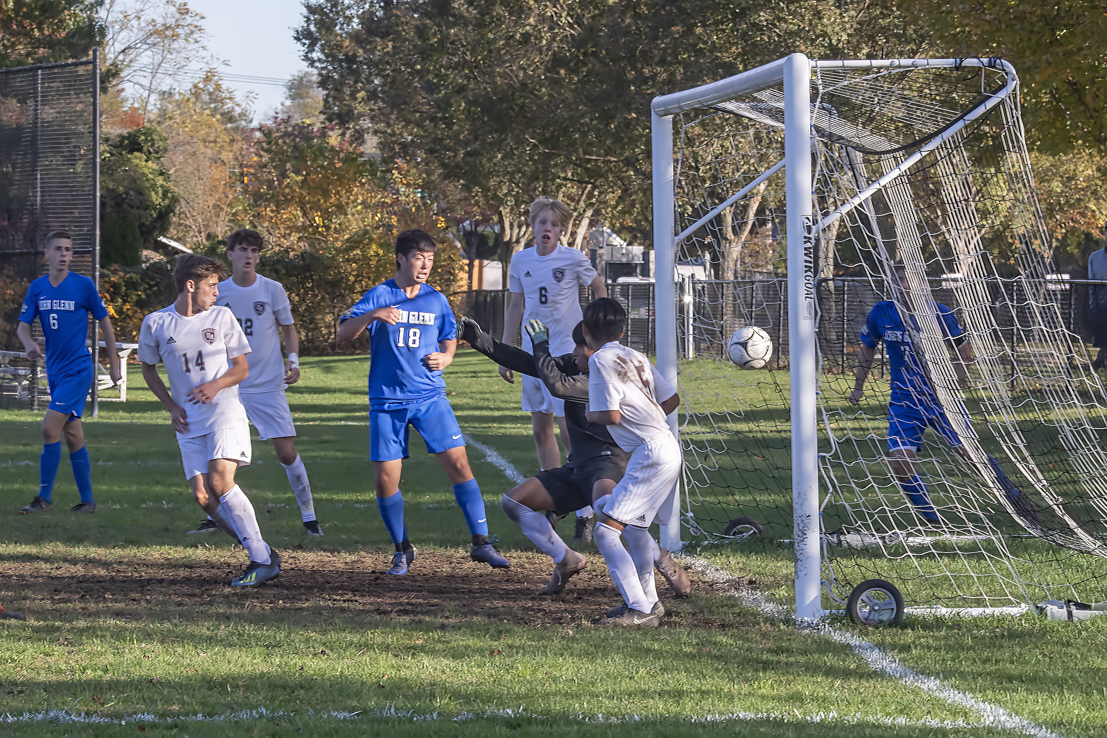 Both Knights and Bonackers watch as Jimmy Rourke's shot crosses the goal line, giving Glenn the 1-0 double overtime victory in the opening round of the Class A playoffs on Monday afternoon.