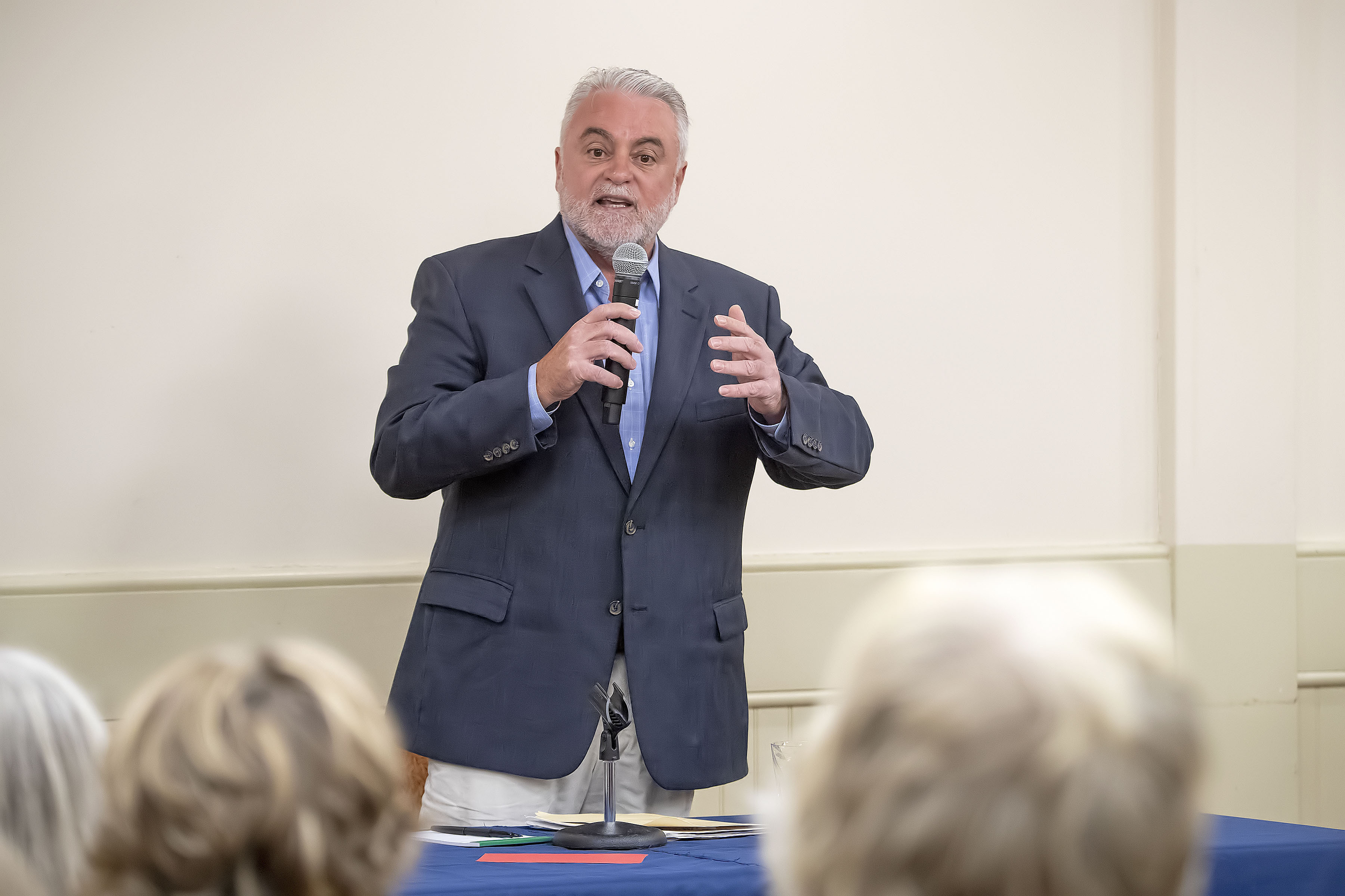 Southampton Town Supervisor Candidate Alex Gregor speaks during a Meet the Candidates Night sponsored by the League of Women Voters at the Rogers Memorial Library in Southampton on Thursday, October 17.  MICHAEL HELLER