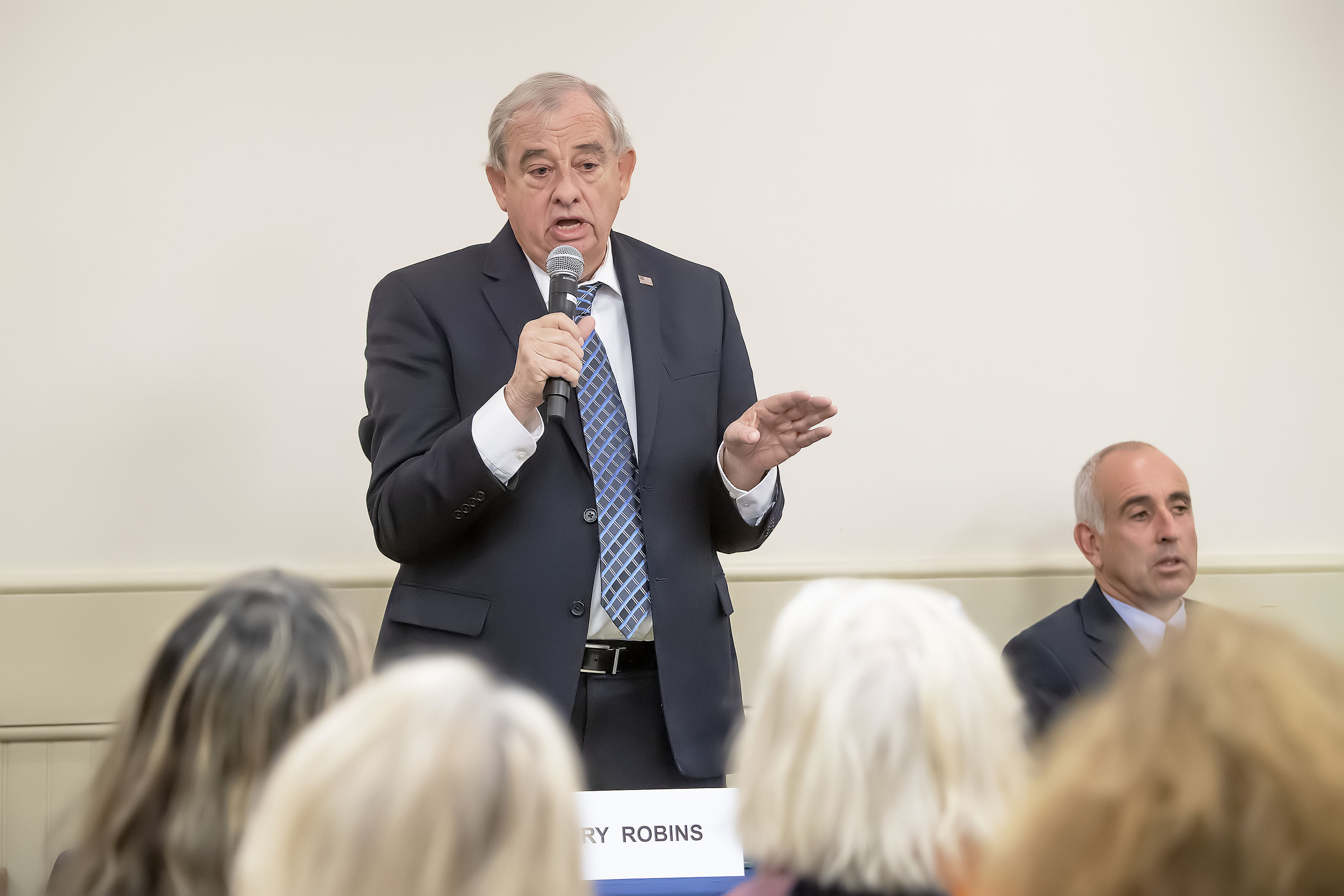 Southampton Town Supervisor Candidate Gregory Robins speaks during a Meet the Candidates Night sponsored by the League of Women Voters at the Rogers Memorial Library in Southampton on Thursday, October 17.      MICAHEL HELLER