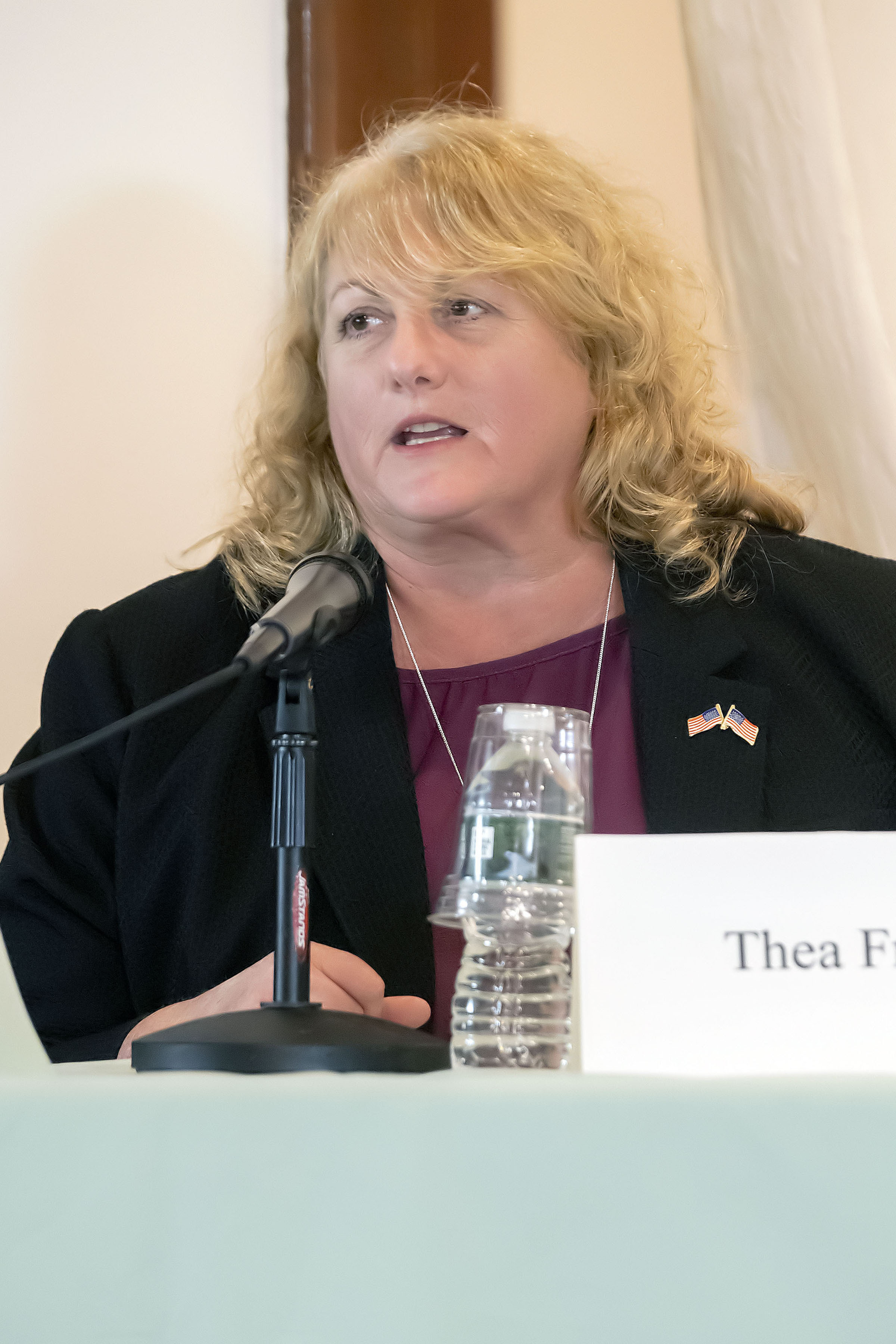 Southampton Town Trustee Candidate Thea Fry during a Meet the Candidates night at the Water Mill Community House on Wednesday, October 17.  MICHAEL HELLER