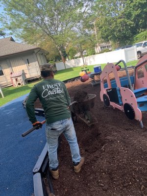 Asked by the nonprofit Southampton Day Care if it would remove the old playground cover and replace it with rubber mulch, they stepped up and did the big job at no cost, the result of which is very happy youngsters at the center. First Coastal in Westhampton Beach is owned by Billy Mack and  Aram Terchunian and the workers put in long hours to make it happen.