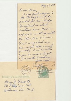 A postcard Mr. Taranto sent to his mother, Angelina Taranto in 1951.