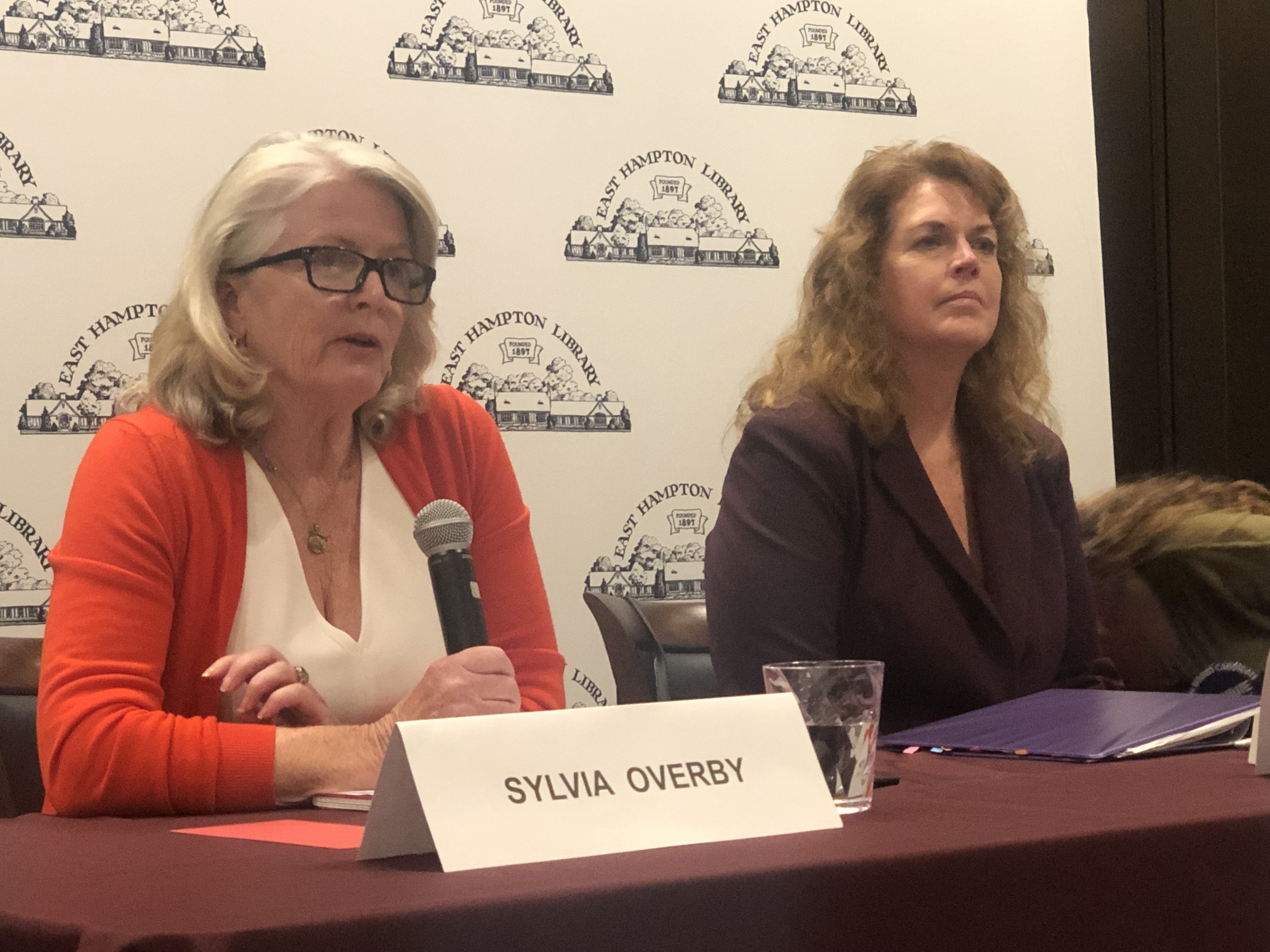 Sylvia Overby, left, and Elizabeth Bambrick at the League of Women Voters debate on Wednesday night in East Hampton.