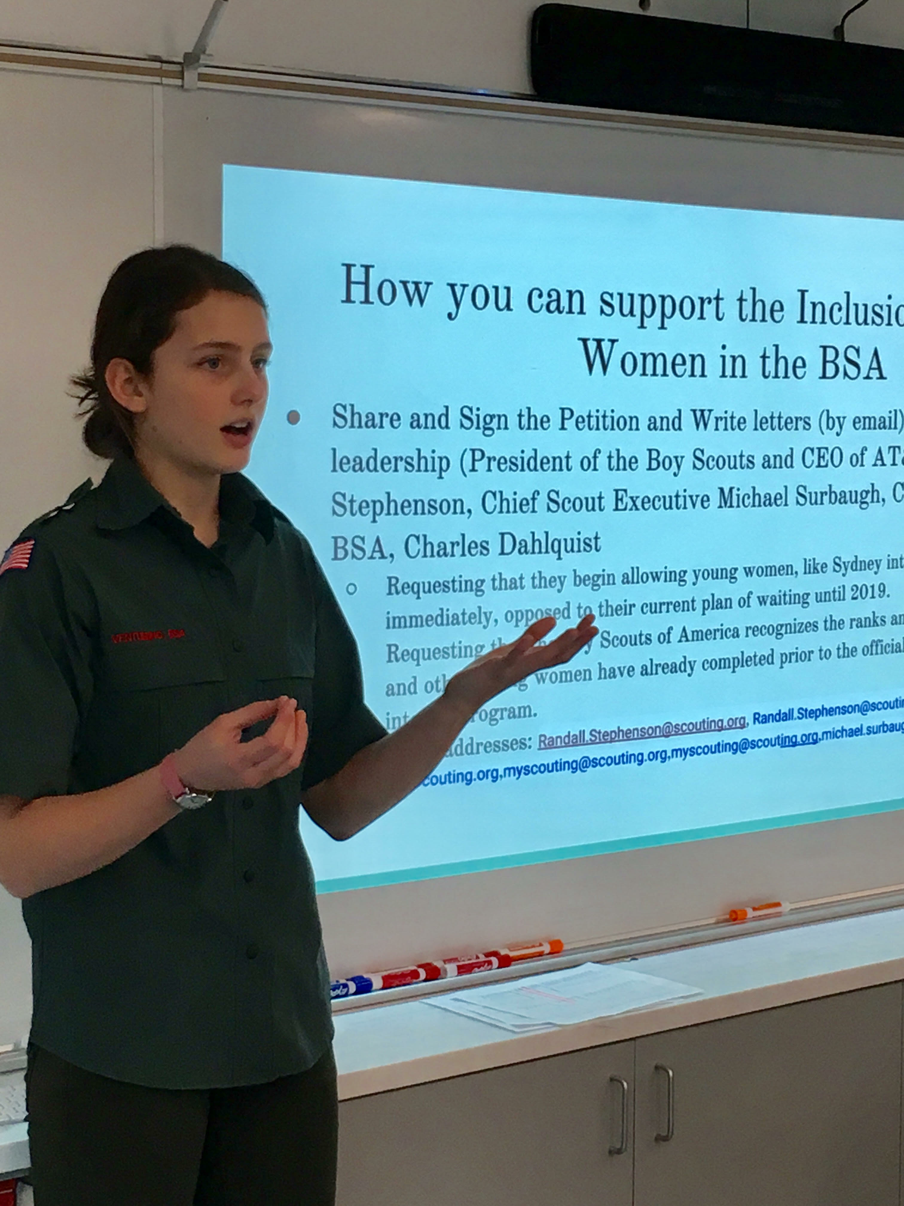 Sydney Ireland giving a presentation on the support of women in the BSA.