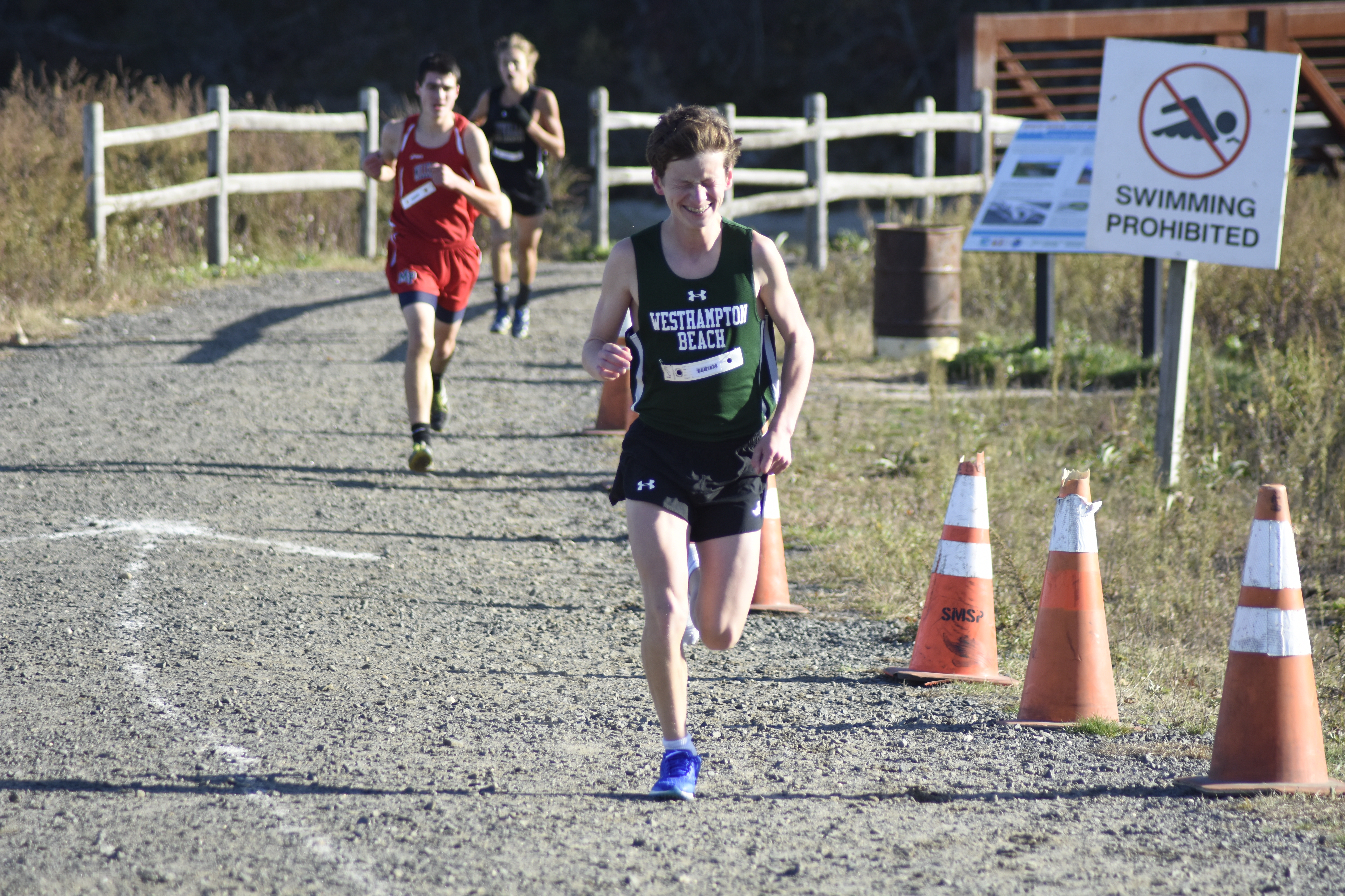 Westhampton Beach freshman Max Haynia lost a shoe on his left foot during his run but still managed to finish 10th in Class B.