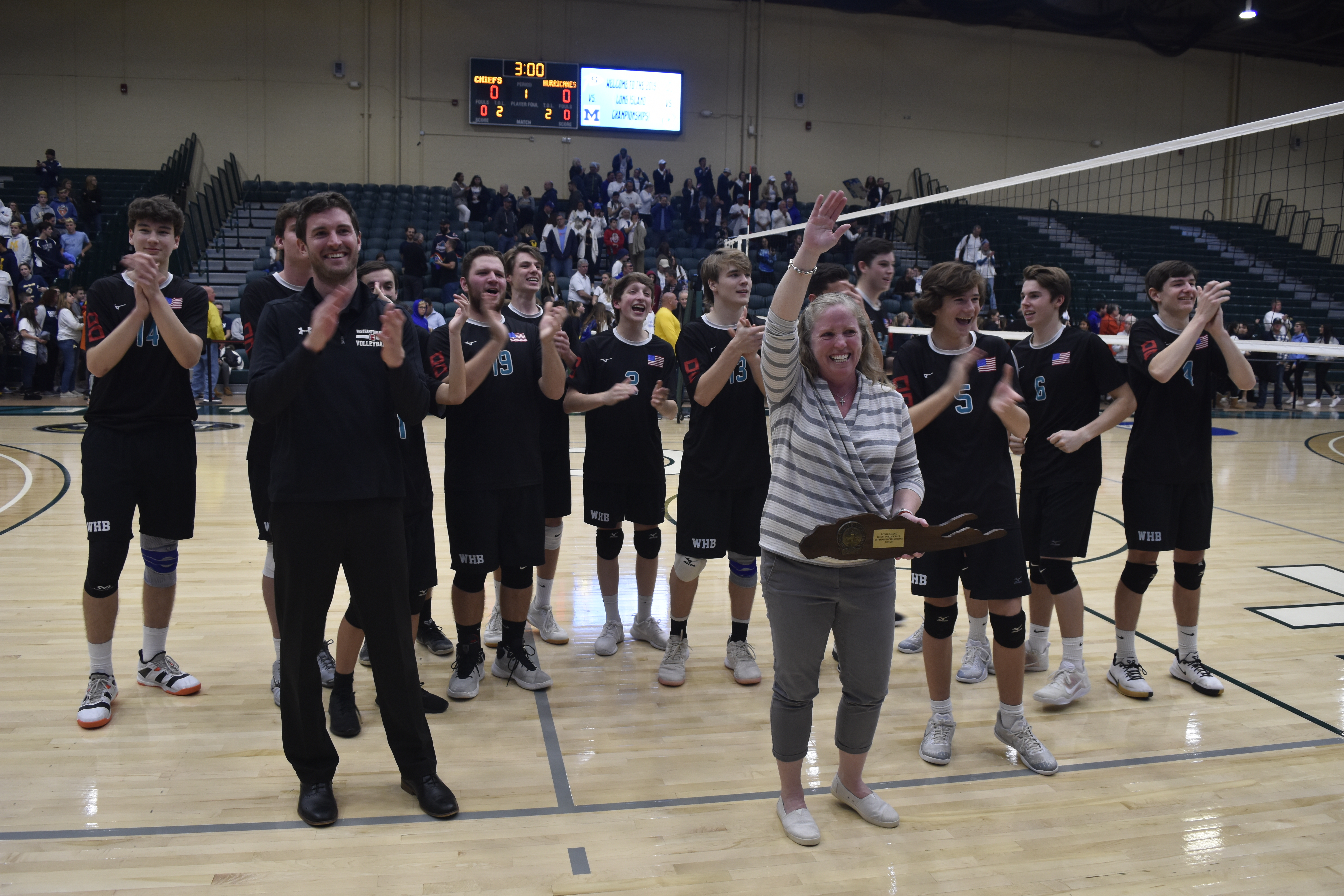 The Westhampton Beach boys volleyball team thanks the community for its support after winning the Long Island Division II Championship on Tuesday night.