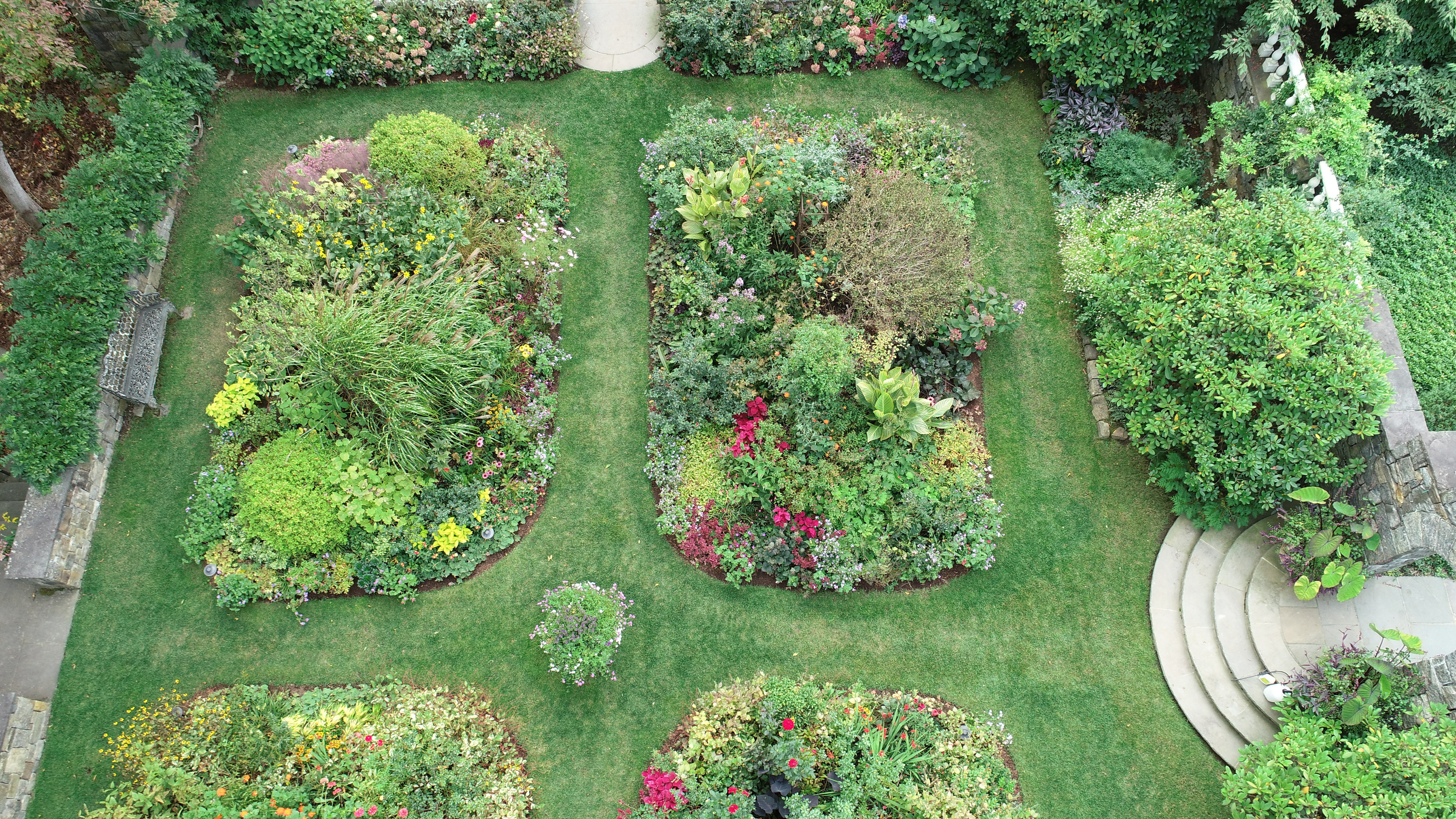 Drone views of gardens can reveal plant density as well as under or unutilized space. Can you spot areas in these gardens that might be ‘opportunity’ spots for next year? THG AVIATION