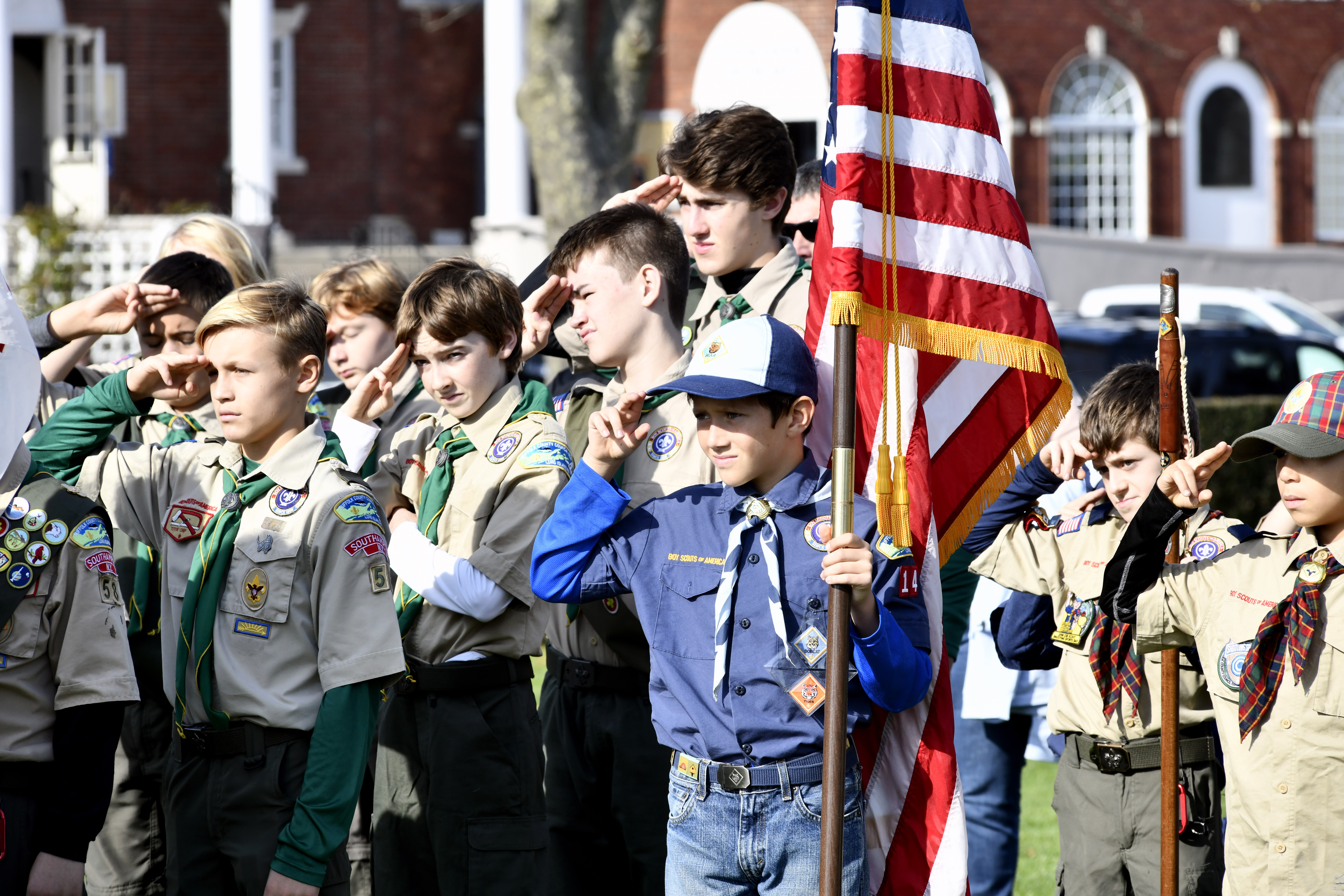 Boy Scouts and Cub Scouts at the Veterans Day ceremony in Agawam Park in Southampton village on Monday.  DANA SHAW