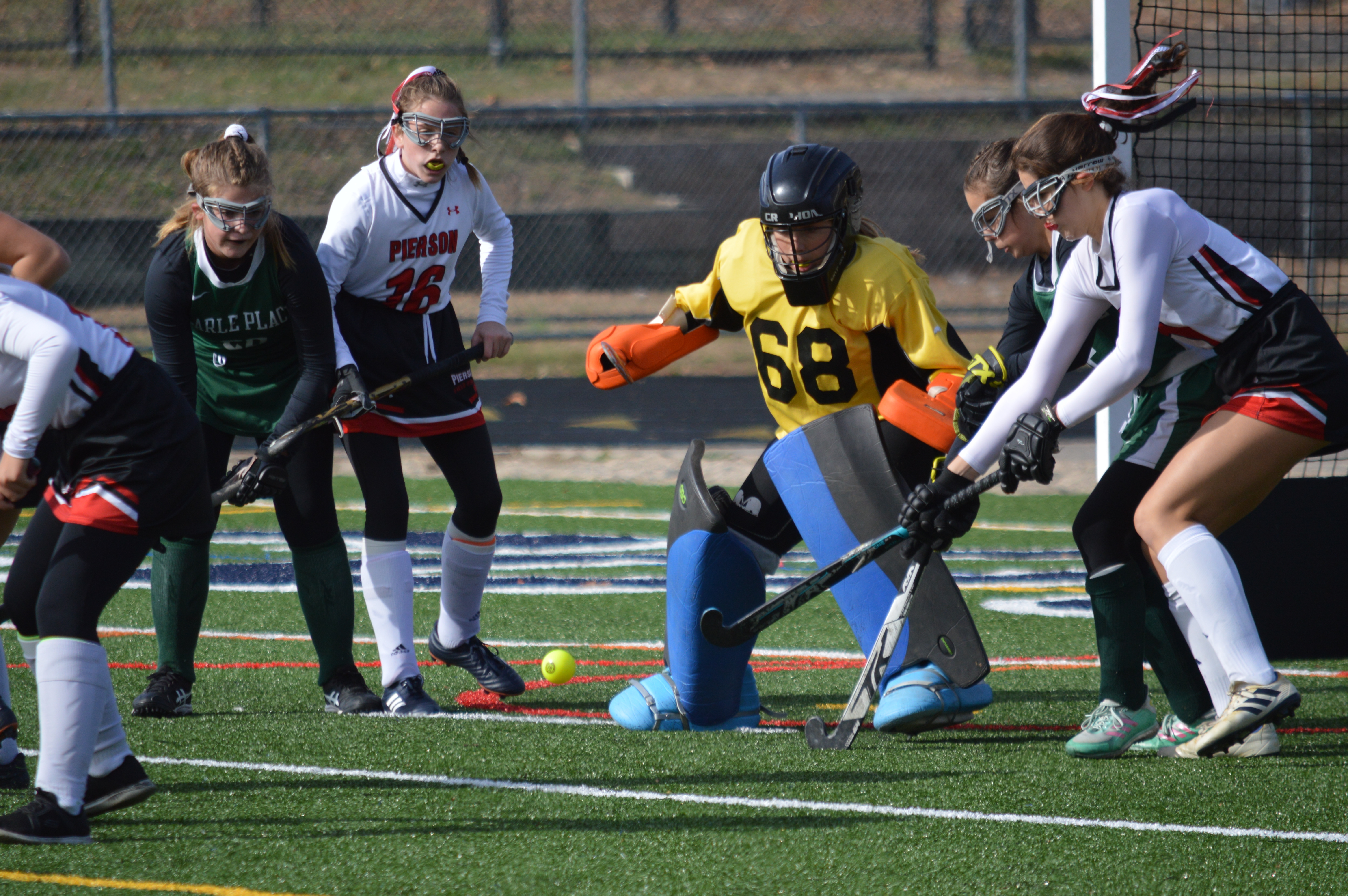 Pierson's freshman goalie, Maeve O'Donoghue, making one of her nine saves in a 1-0 loss to Carle Place on Saturday in the Long Island Class C Championship game at Centereach High School. 