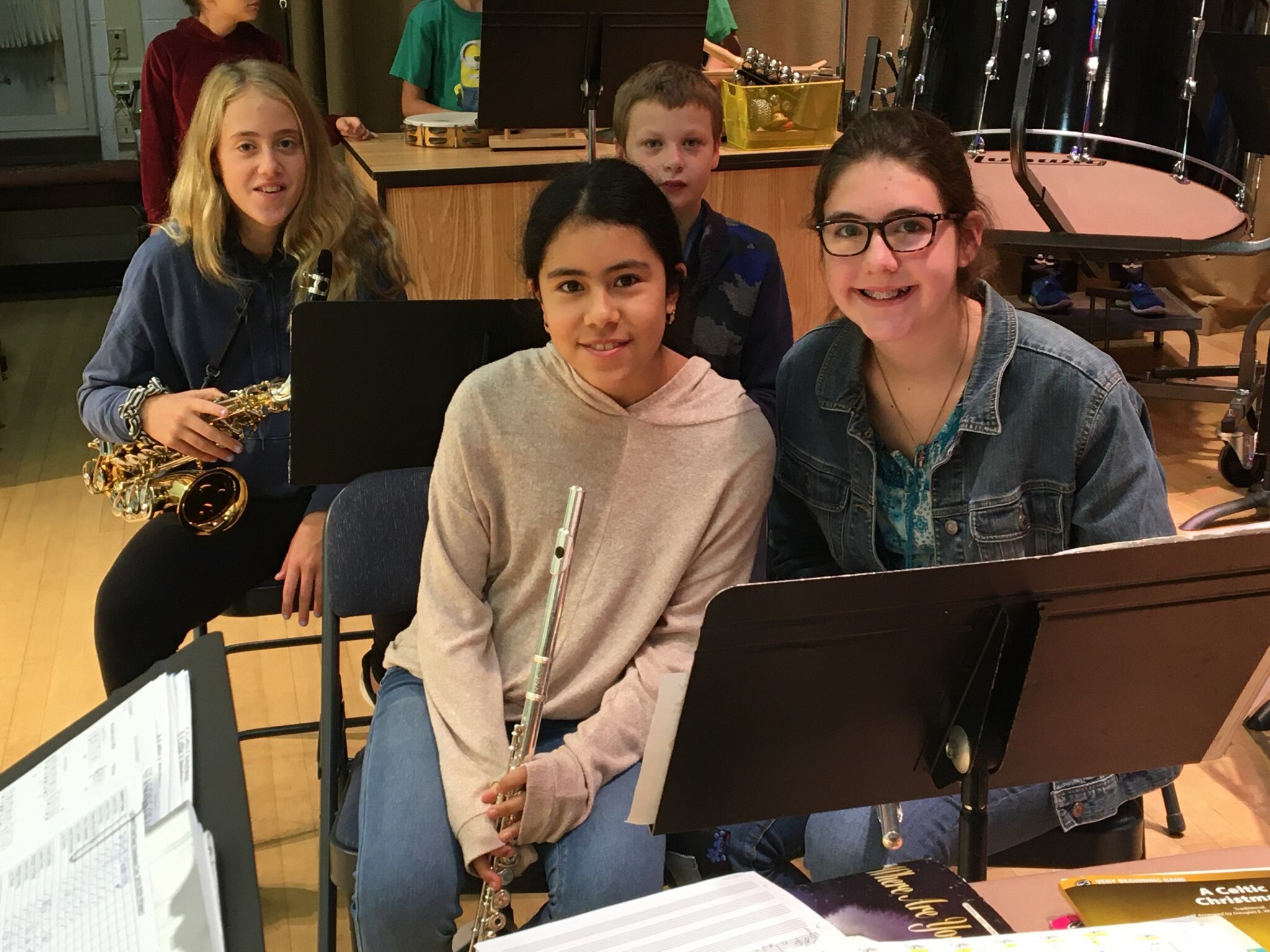 East Quogue Elemenatary School Advanced Band students, including flutists and saxophonists Bailey Hudson, Ashley Perez, Le Perl and Emma Rose Holfelder, are practicing for the upcoming holiday concerts.