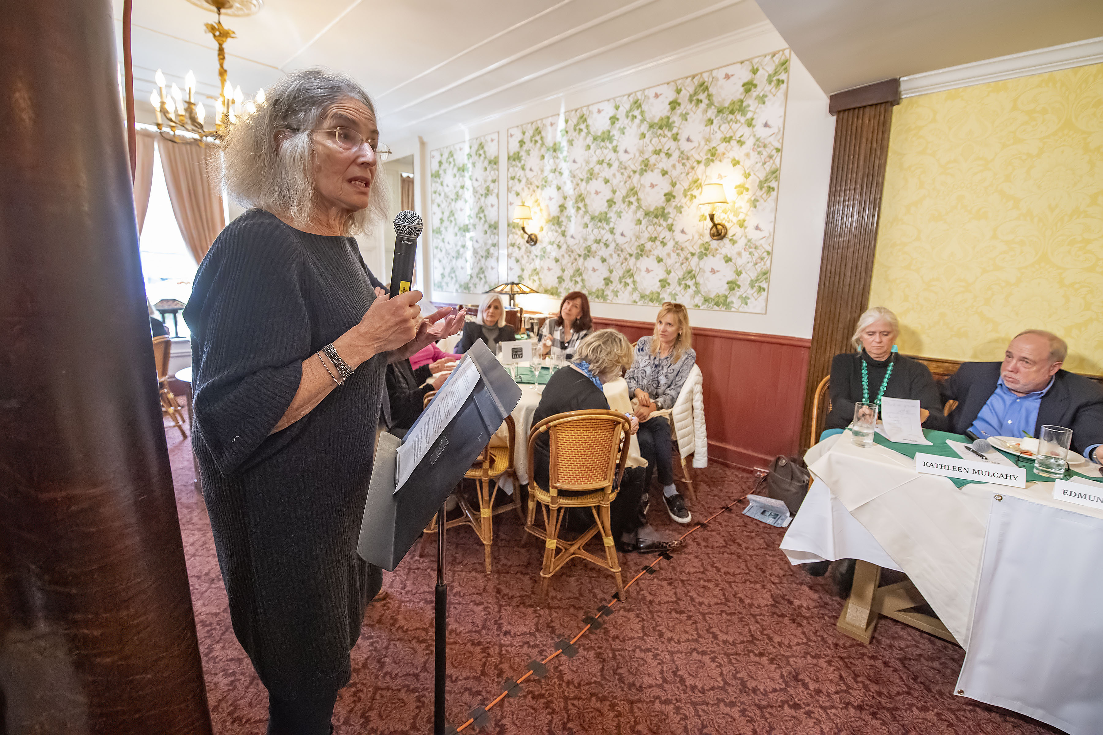 An attendee poses a question to the panel during the Express Sessions - Sag Harbor Public Spaces event at the American Hotel in Sag Harbor on Friday.  MICHAEL HELLER