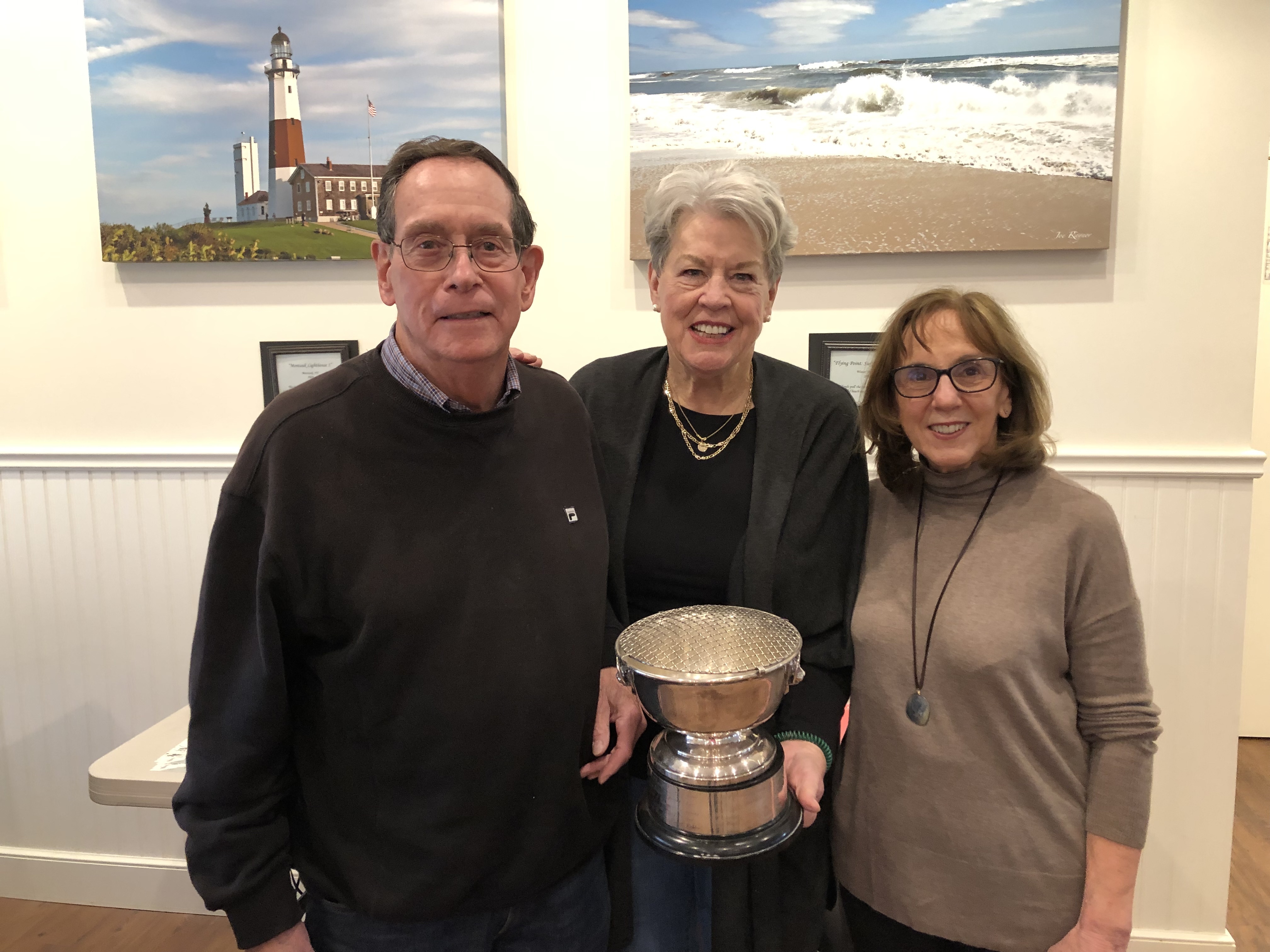 The Water Mill Bridge Club recently hosted its Lipetz-Brennan Silver Bowl trophy contest won by Barry and Shelly Adelman, right, of East Hampton. Club director Kathie McLauchlen presented the Lipetz-Brennan Silver Bowl Trophy. 