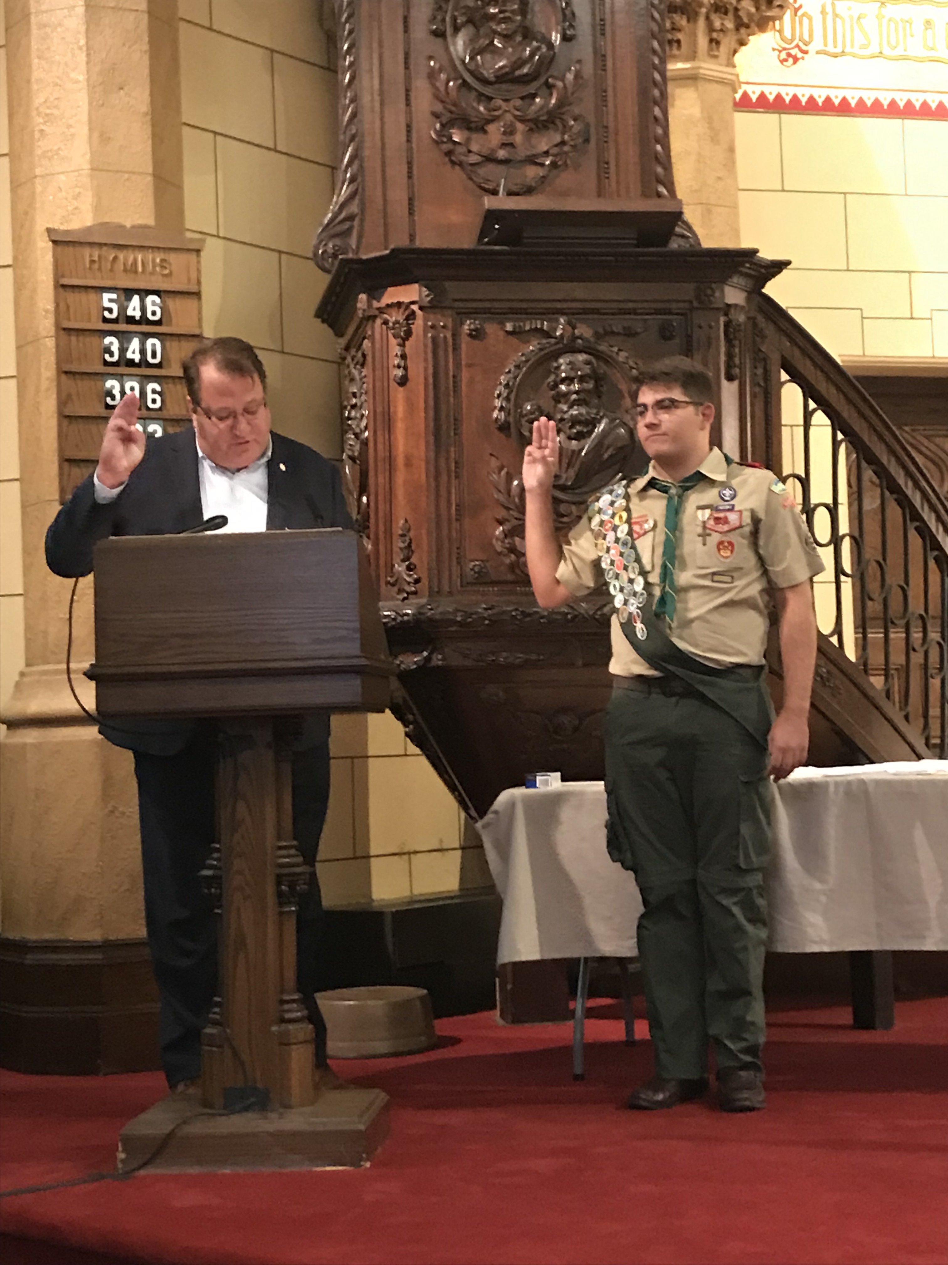 Cole Yastzremski recently completed his Eagle Scout project and was sworn in at a ceremony by Peter Gabrielson. 