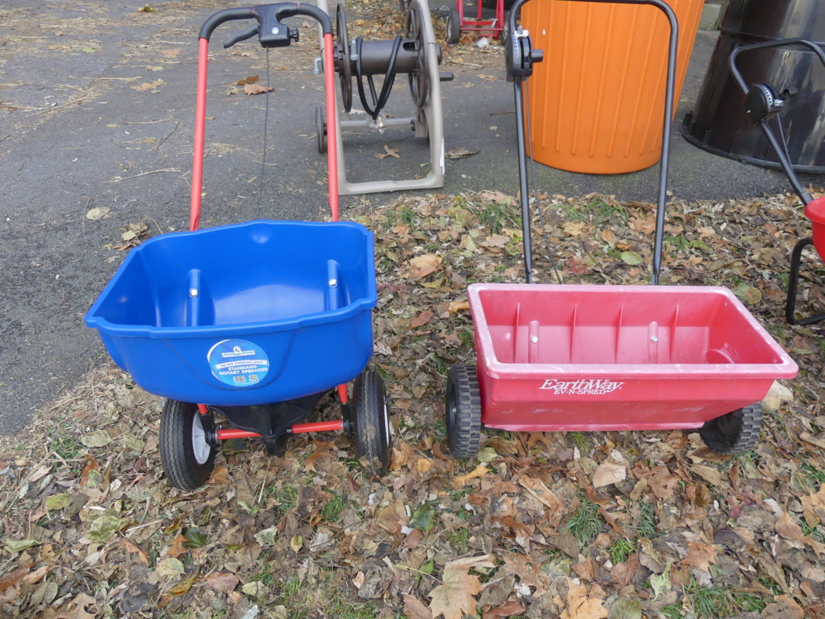 If you don’t own a spreader for applying lime (calcium) many garden centers will rent one. Make sure you get a broadcast type (left) and not the drop type (right). Note the spreader pattern when you start and only slightly overlap each pass. ANDREW MESSINGER