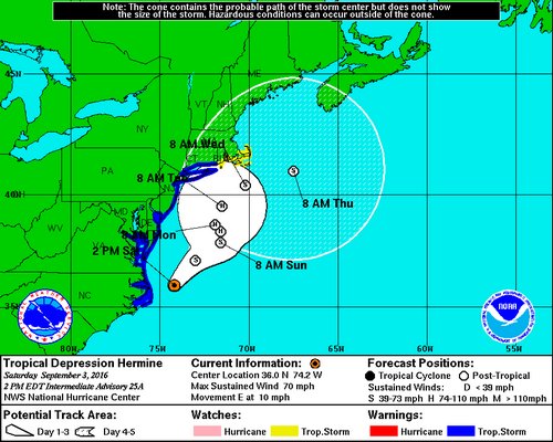 Tropical Storm Hermine's predicted path as of Saturday afternoon. COURTESY NOAA