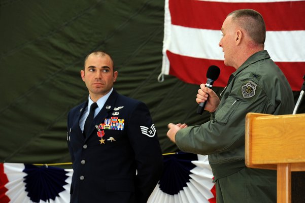 Air National Guard Staff Sergeant Matthew Zimmer was honored with his second Bronze Star for Valor on May 1 at the Fracis S. Gabreski Air National Guard Base in Westhampton. Courtesy New York Air National Guard