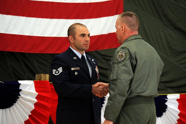 Air National Guard Staff Sergeant Matthew Zimmer was honored with his second Bronze Star for Valor on May 1 at the Fracis S. Gabreski Air National Guard Base in Westhampton. Courtesy New York Air National Guard