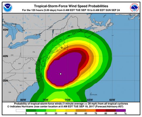 Wind speed probability for Jose.  COURTESY NATIONAL WEATHER SERVICE