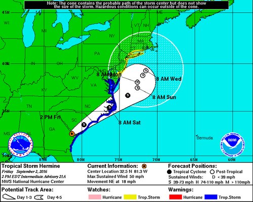 The potential track of Tropical Storm Hermine as of Friday afternoon.  COURTESY NOAA