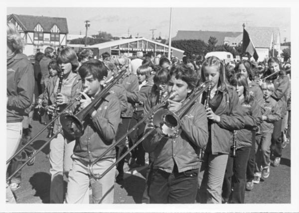 The Montauk School's marching band in the Columbus Day parade in 1980. COURTESY MONTAUK LIBRARY
