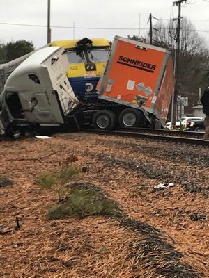 A Long Island Rail Road train struck a tractor trailor in Quogue on Thursday morning. COURTESY SEBASTIAN SET GUZMAN
